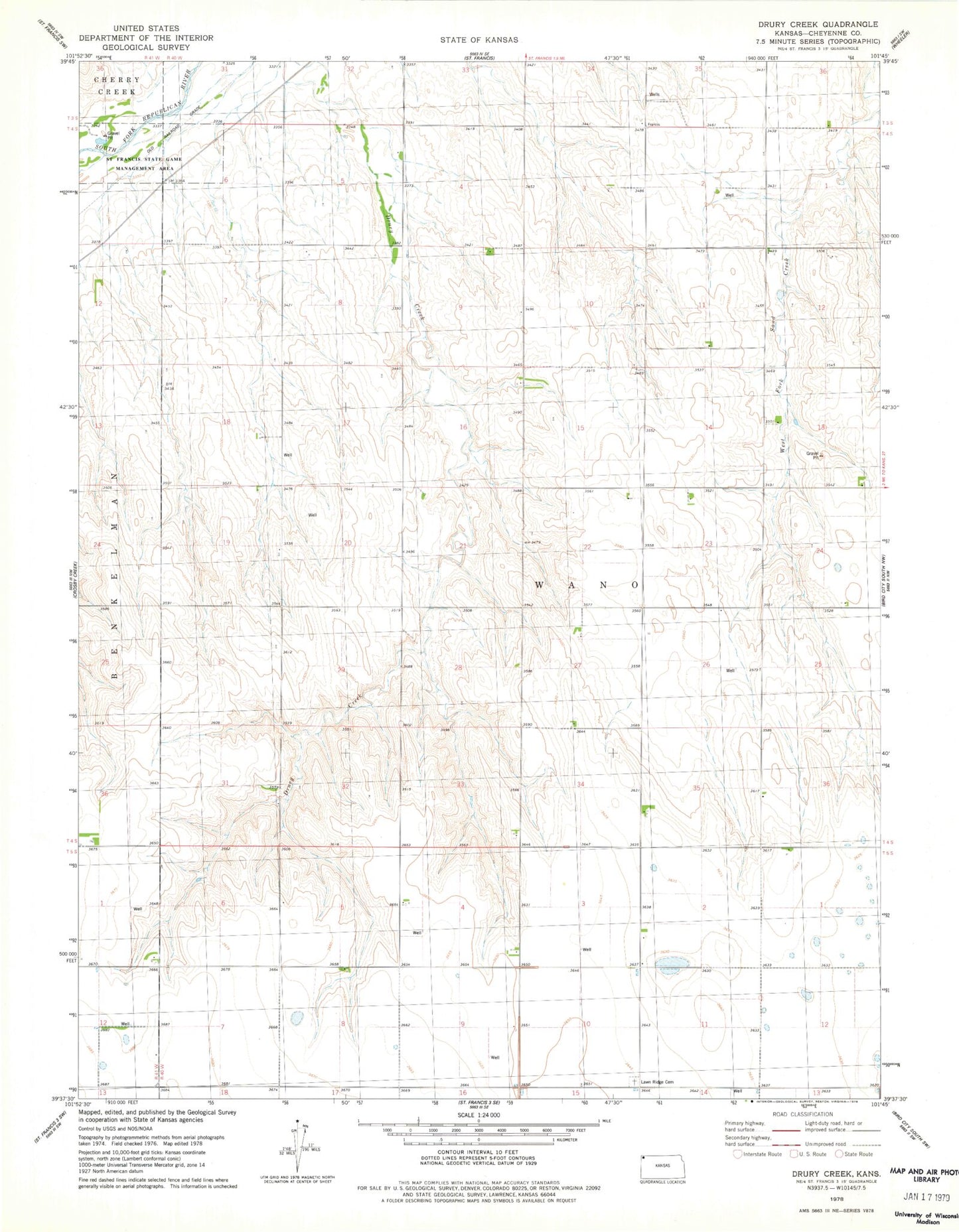Classic USGS Drury Creek Kansas 7.5'x7.5' Topo Map Image