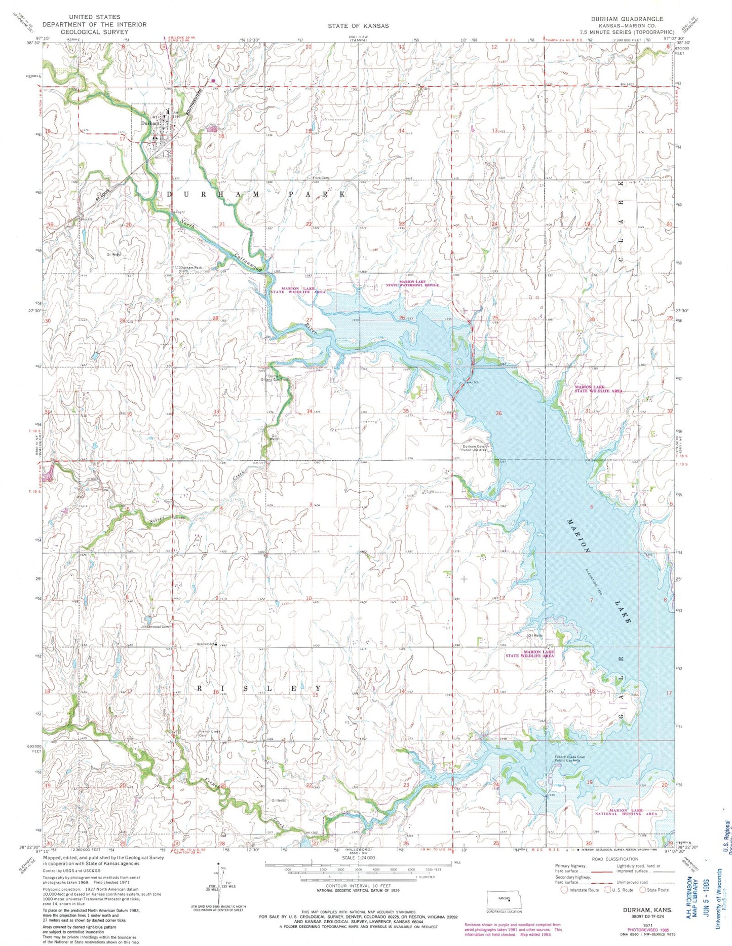 Classic USGS Durham Kansas 7.5'x7.5' Topo Map Image