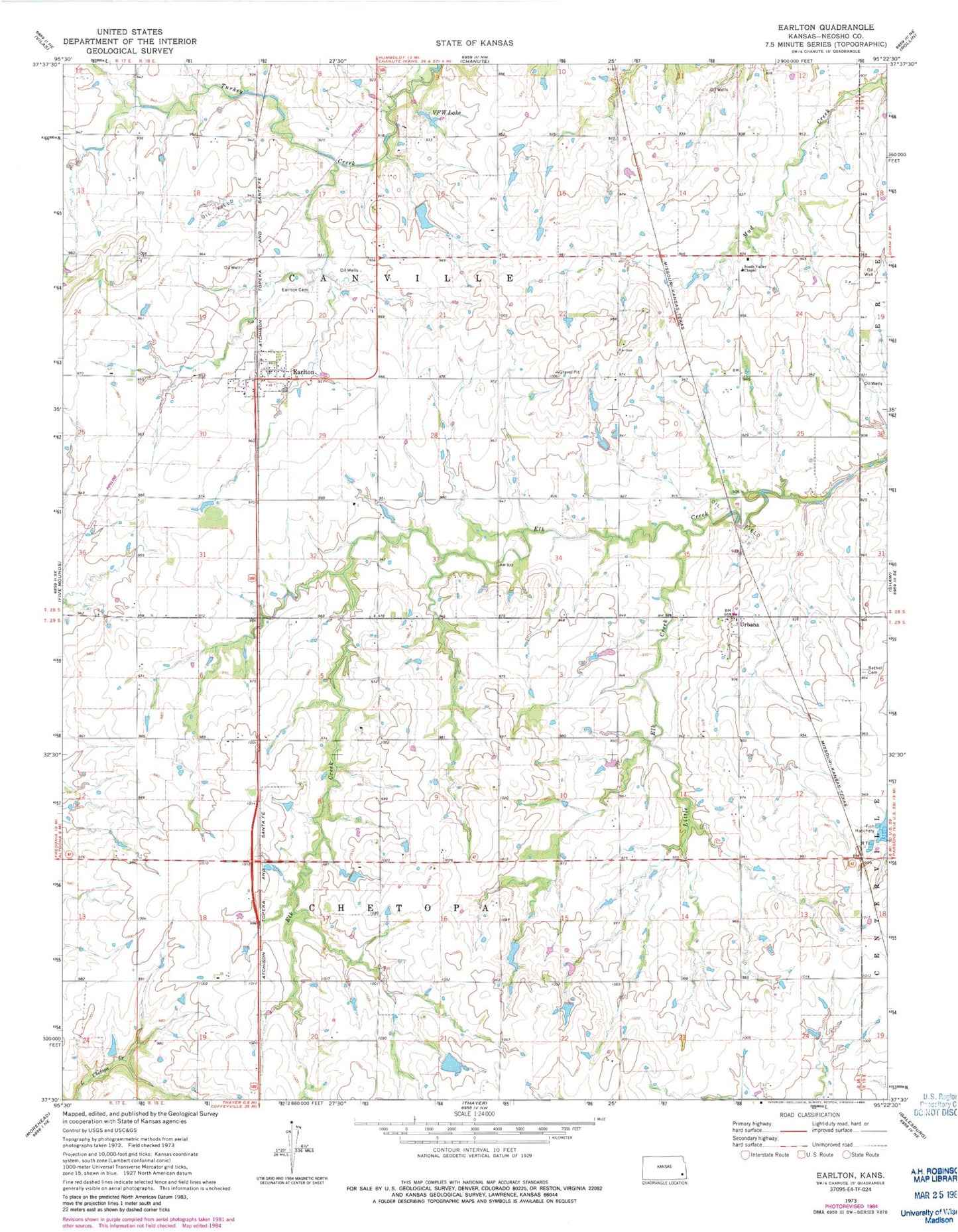Classic USGS Earlton Kansas 7.5'x7.5' Topo Map Image