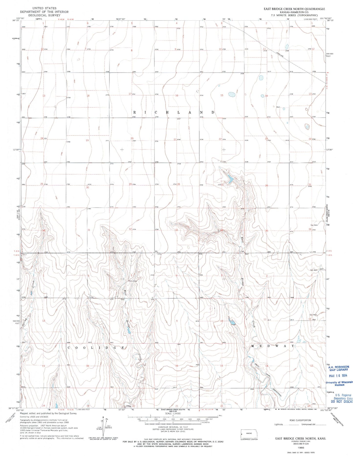 Classic USGS East Bridge Creek North Kansas 7.5'x7.5' Topo Map Image