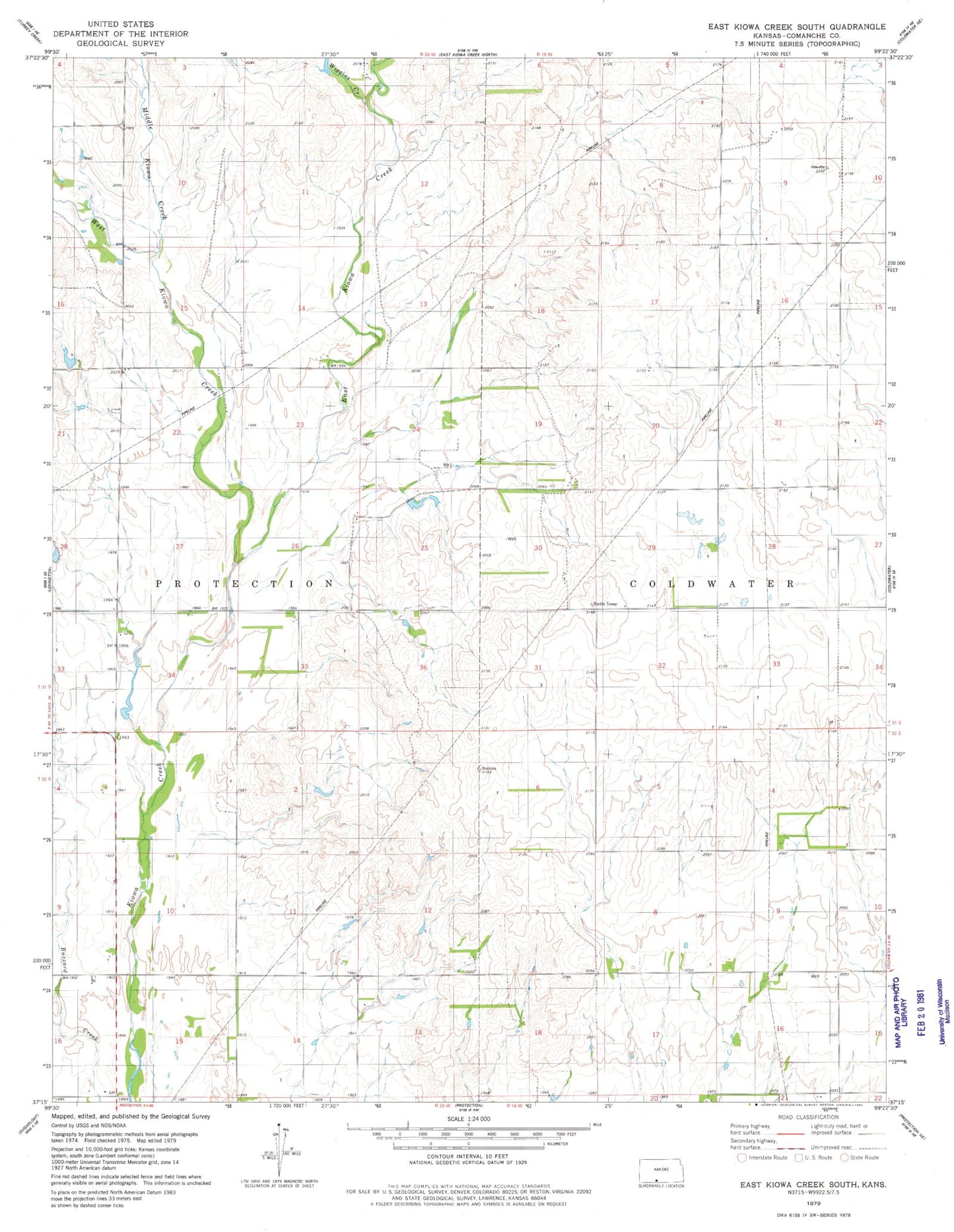 Classic USGS East Kiowa Creek South Kansas 7.5'x7.5' Topo Map Image