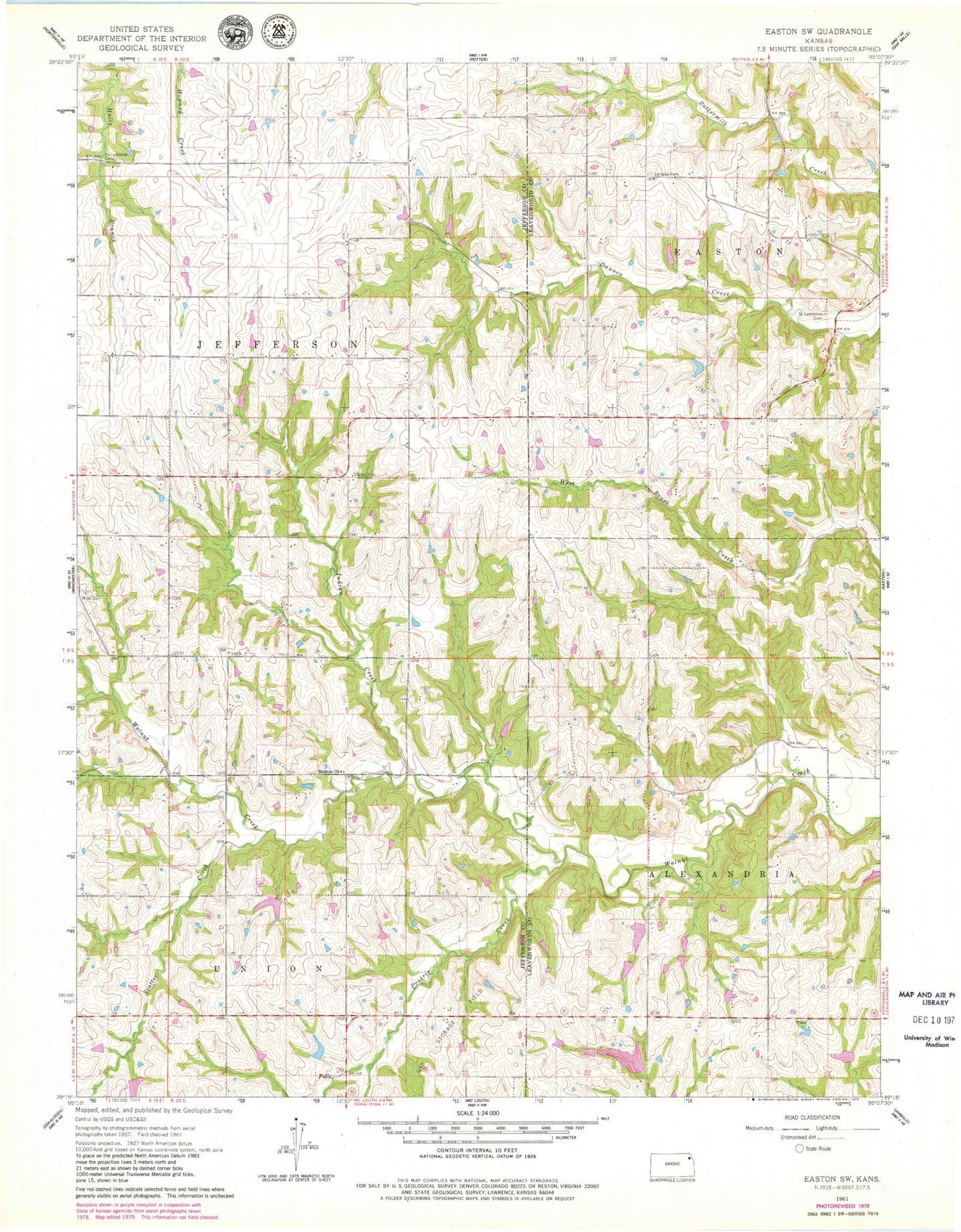 Classic USGS Easton SW Kansas 7.5'x7.5' Topo Map Image