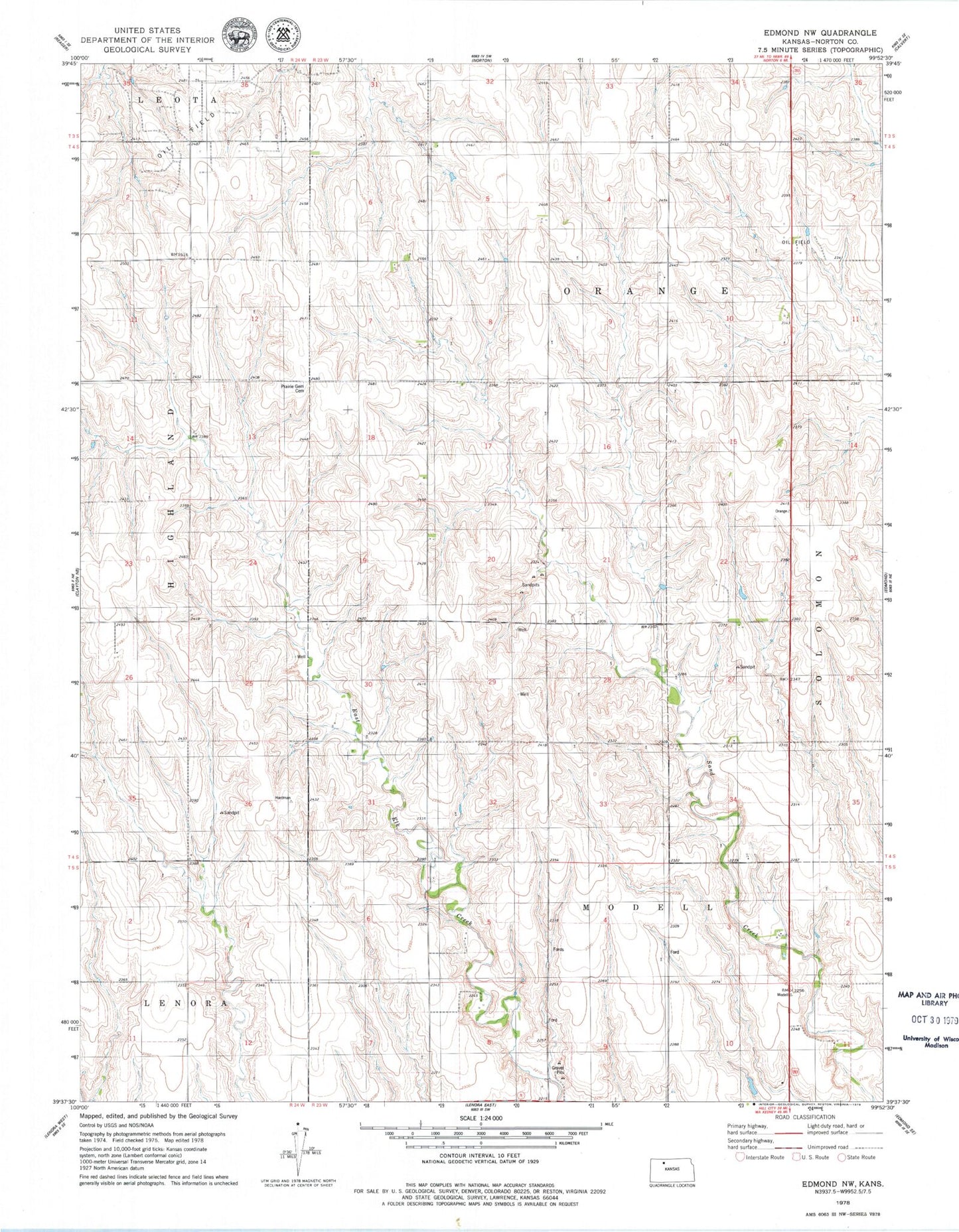 Classic USGS Edmond NW Kansas 7.5'x7.5' Topo Map Image
