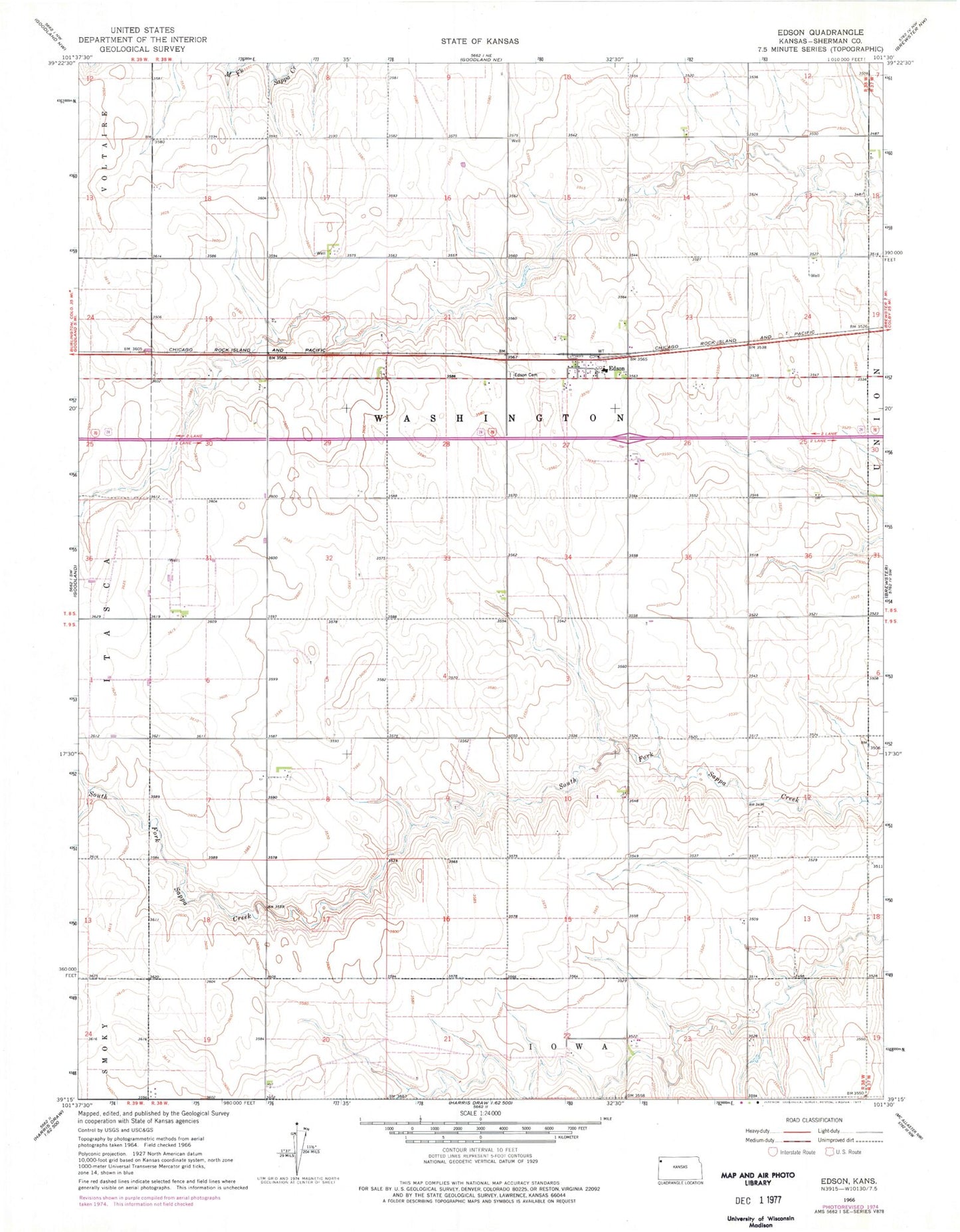 Classic USGS Edson Kansas 7.5'x7.5' Topo Map Image