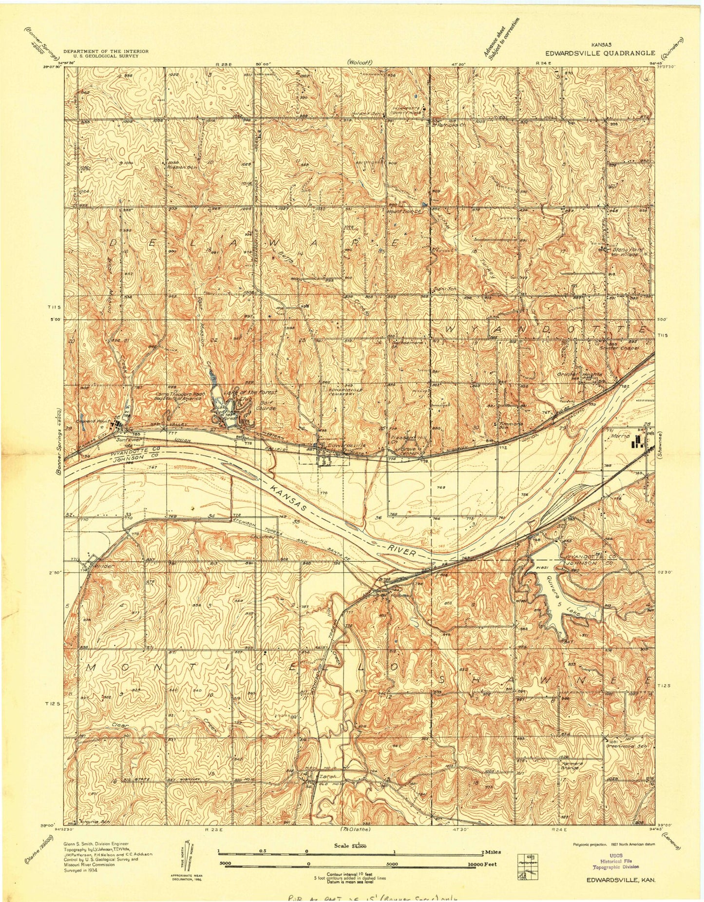 Classic USGS Edwardsville Kansas 7.5'x7.5' Topo Map Image