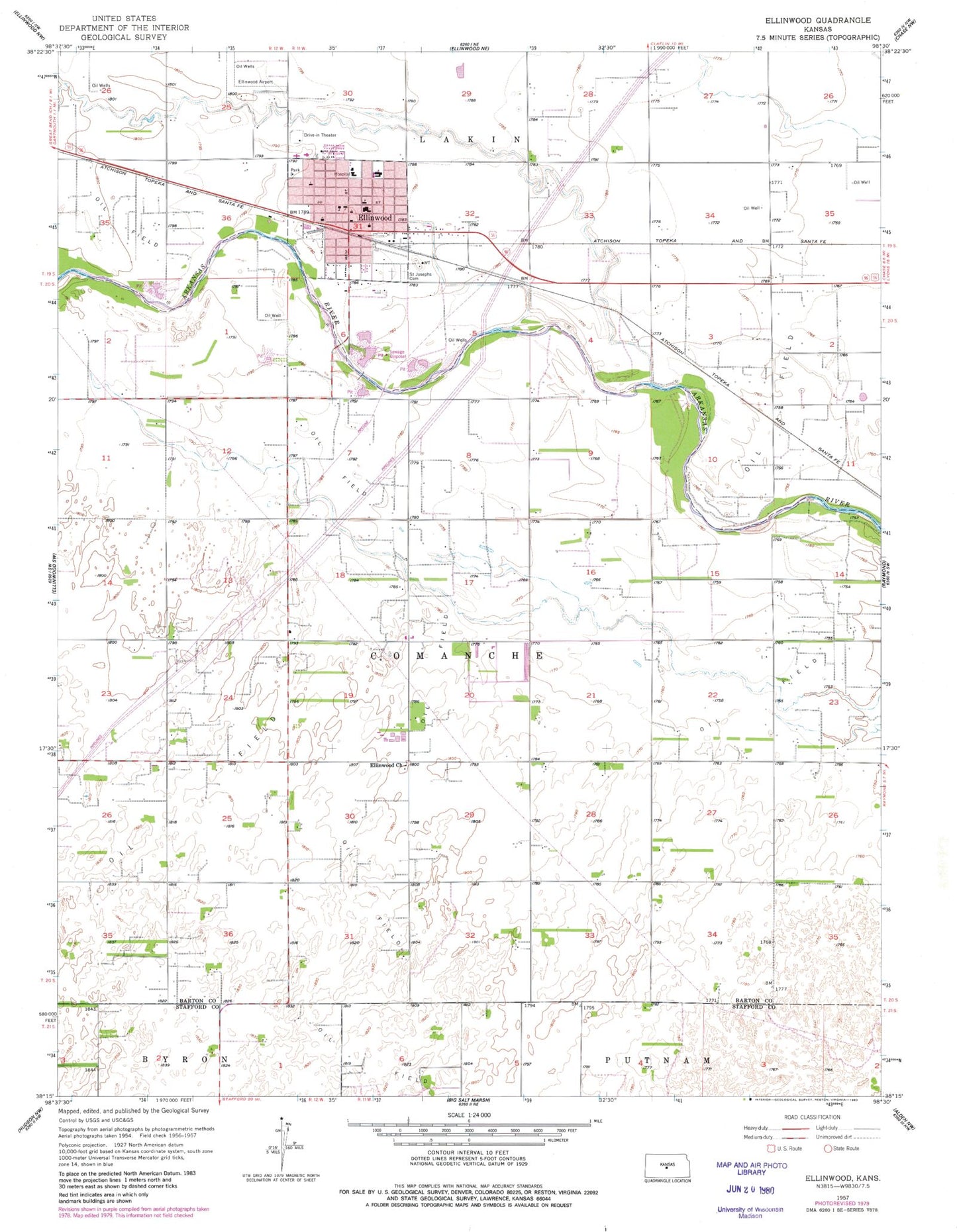 Classic USGS Ellinwood Kansas 7.5'x7.5' Topo Map Image