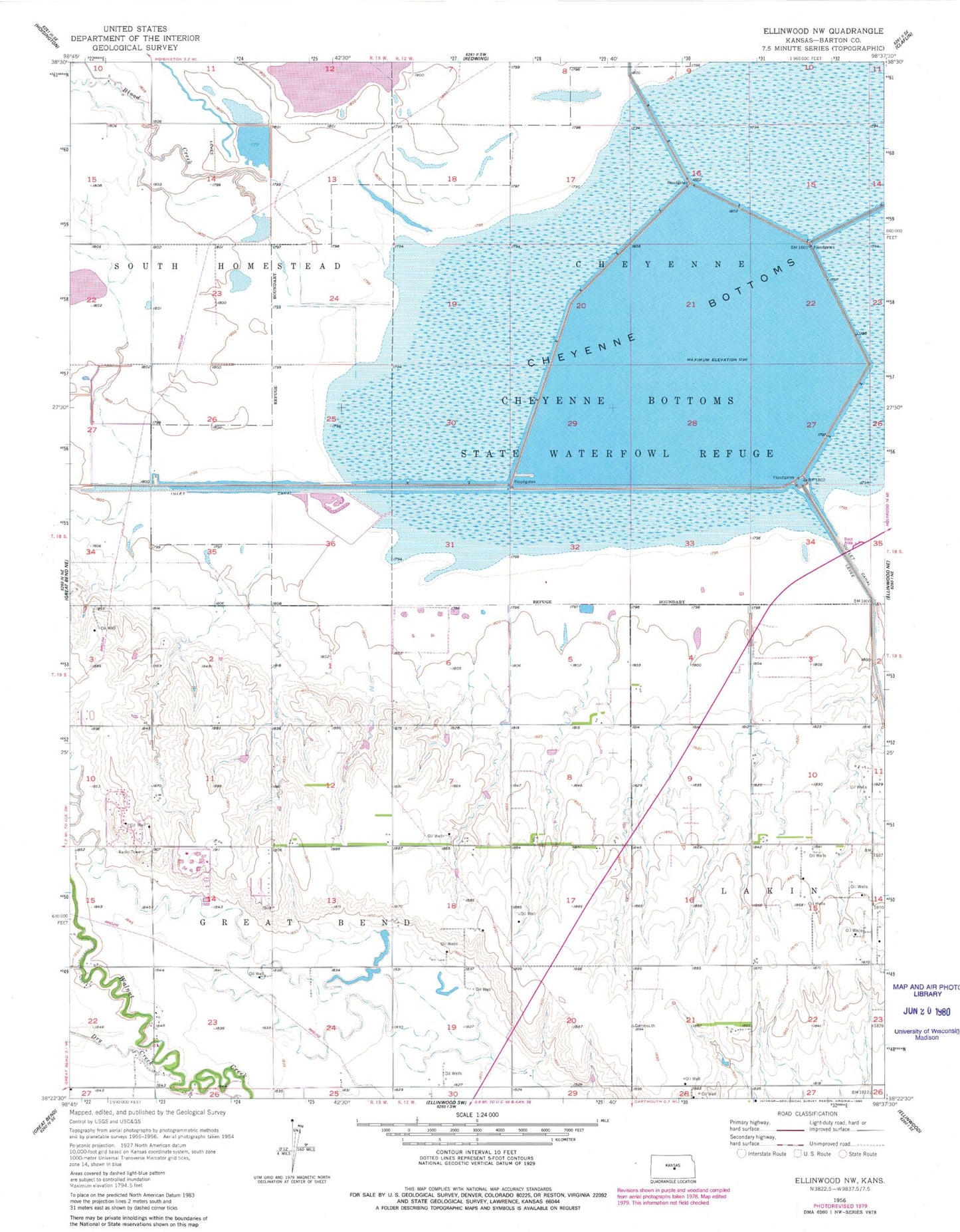 Classic USGS Ellinwood NW Kansas 7.5'x7.5' Topo Map Image