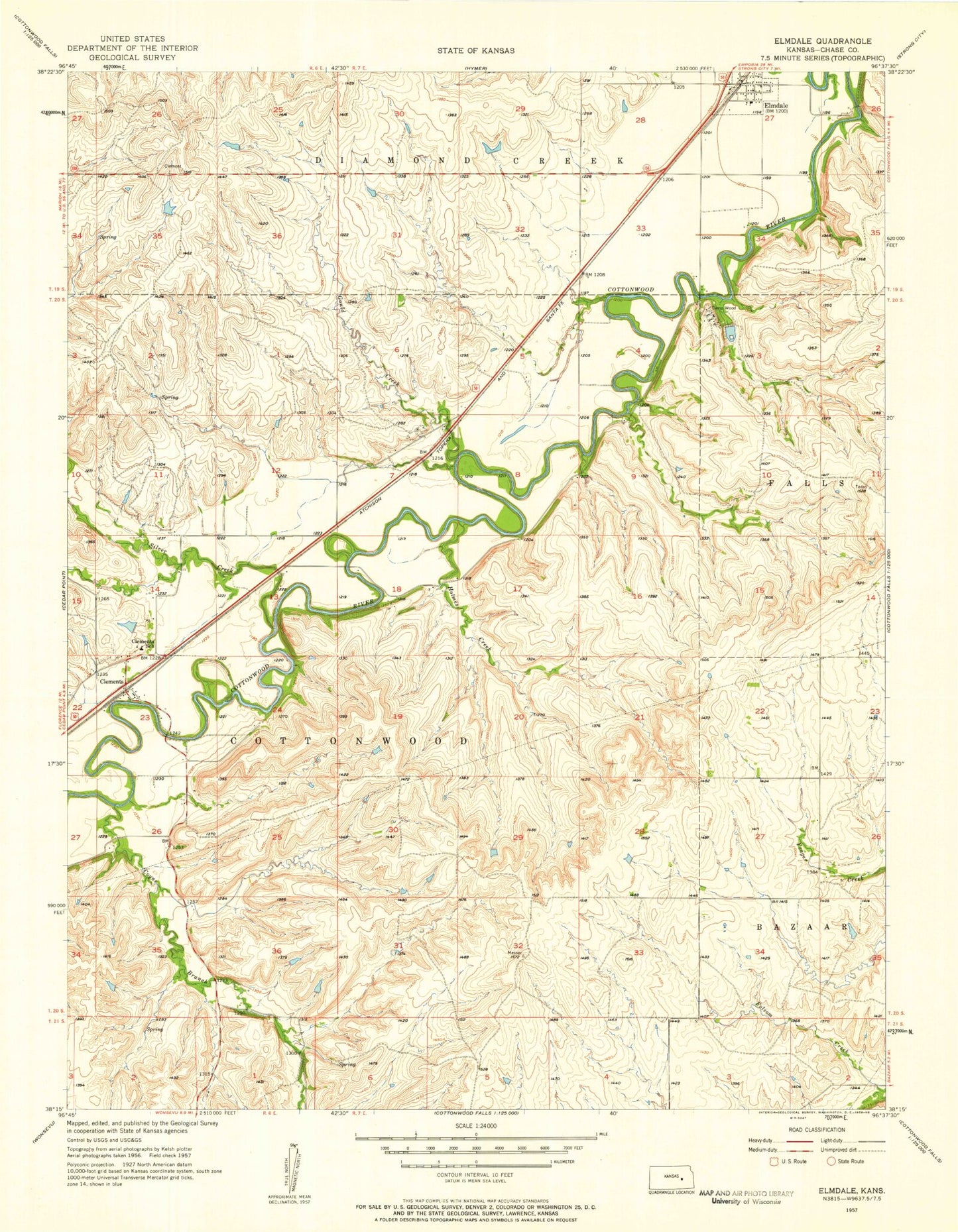 Classic USGS Elmdale Kansas 7.5'x7.5' Topo Map Image