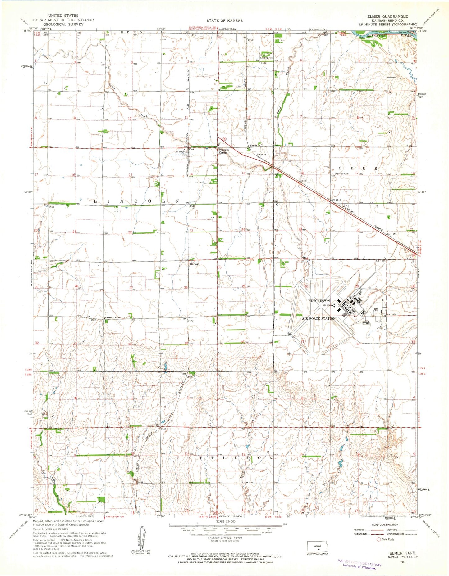 Classic USGS Elmer Kansas 7.5'x7.5' Topo Map Image