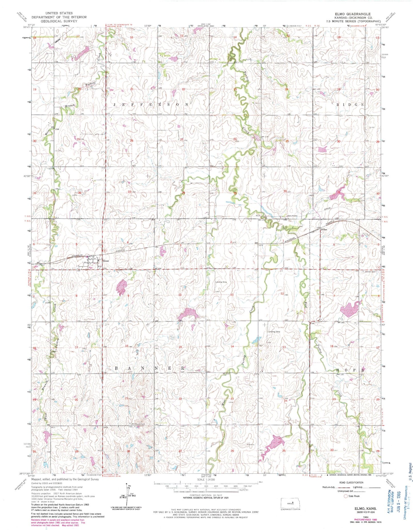 Classic USGS Elmo Kansas 7.5'x7.5' Topo Map Image