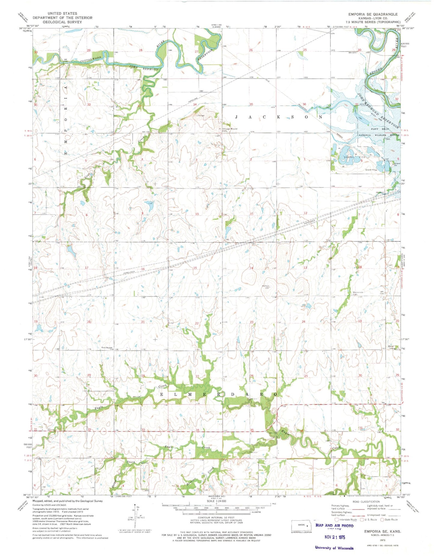 Classic USGS Emporia SE Kansas 7.5'x7.5' Topo Map Image