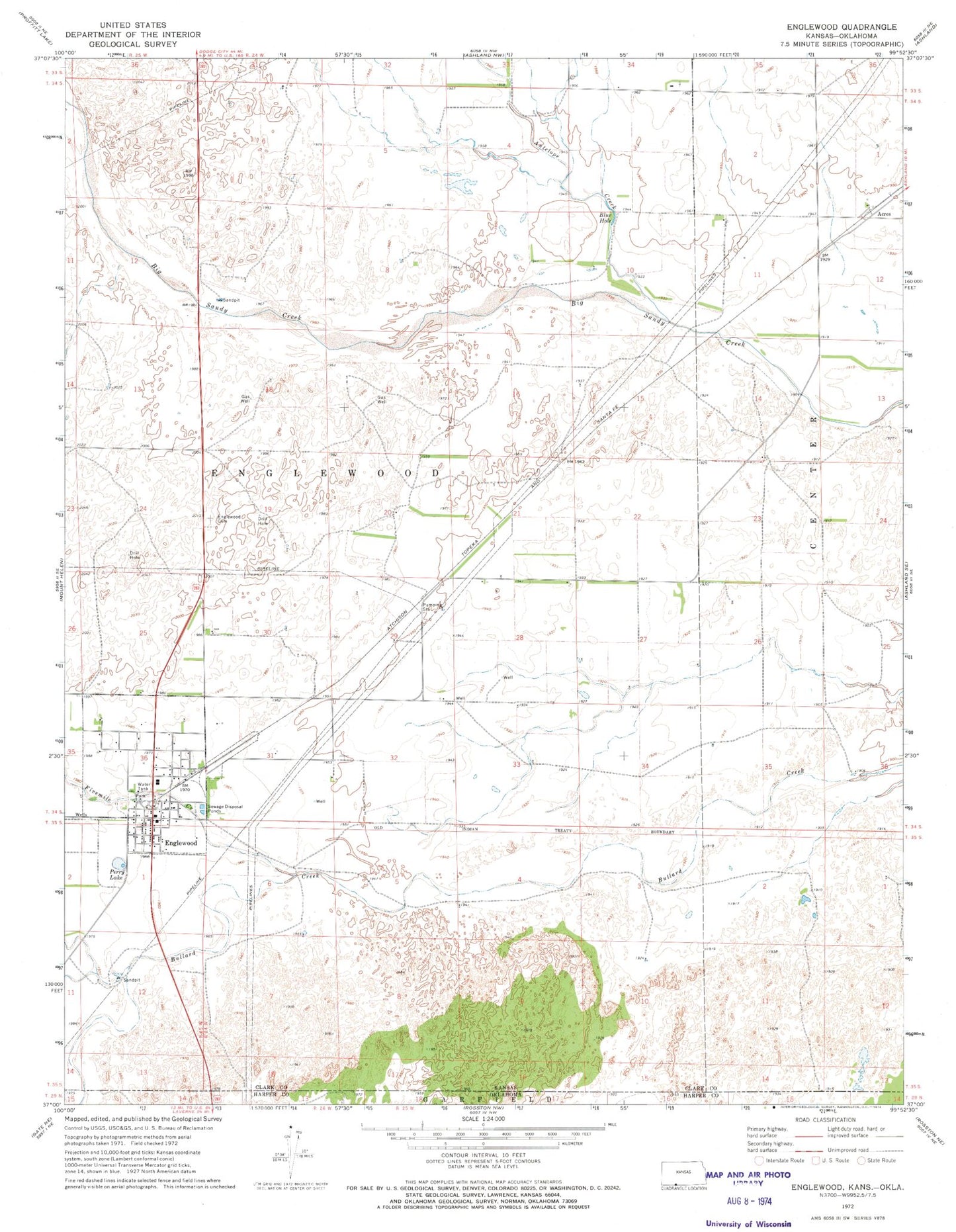 Classic USGS Englewood Kansas 7.5'x7.5' Topo Map Image