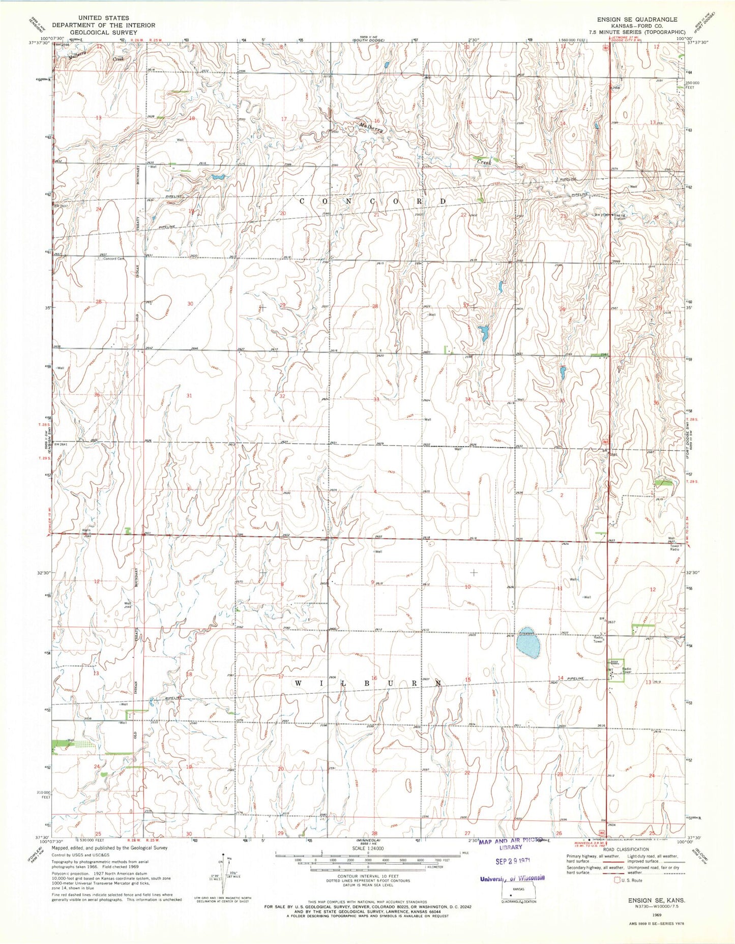 Classic USGS Ensign SE Kansas 7.5'x7.5' Topo Map Image