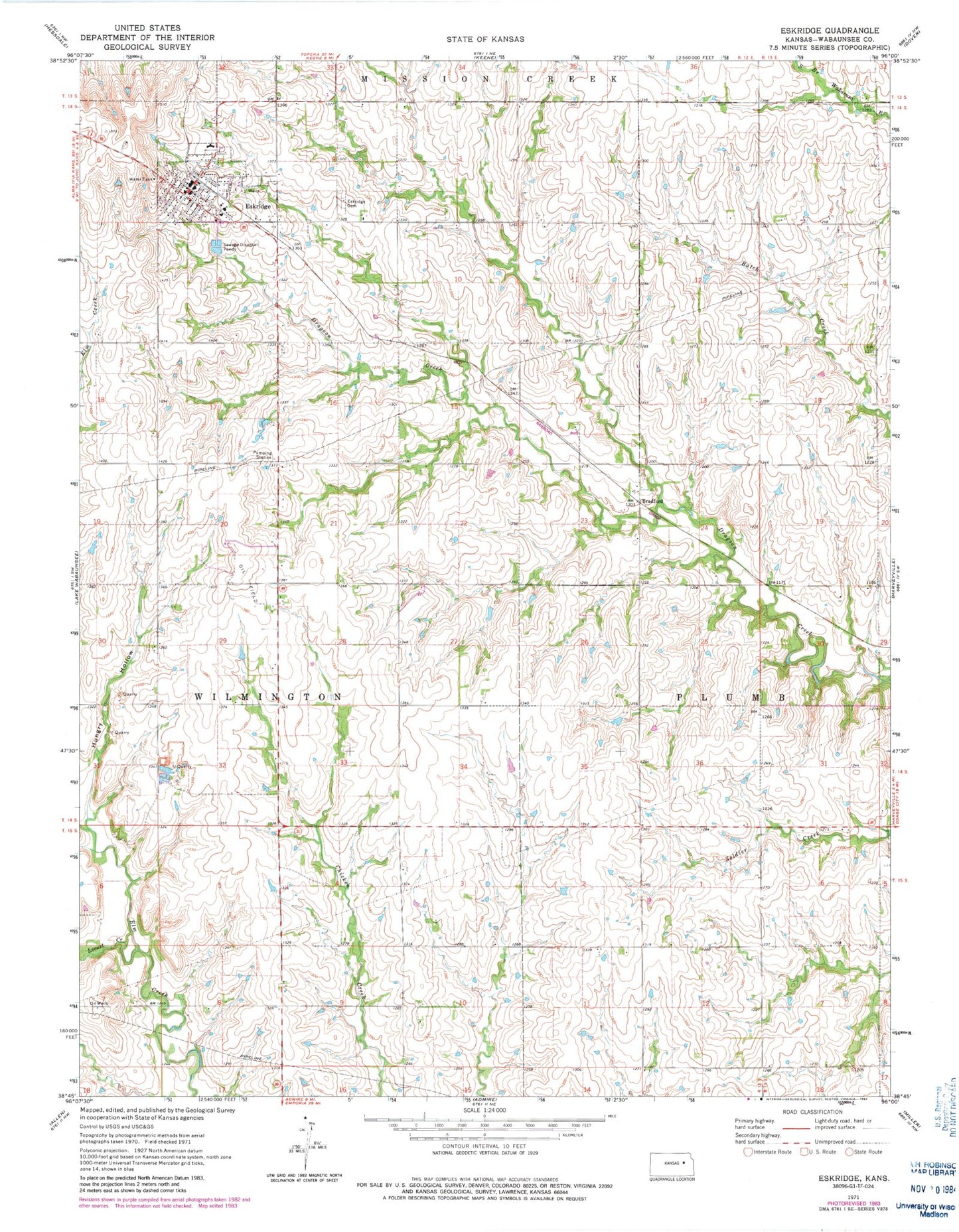 Classic USGS Eskridge Kansas 7.5'x7.5' Topo Map Image