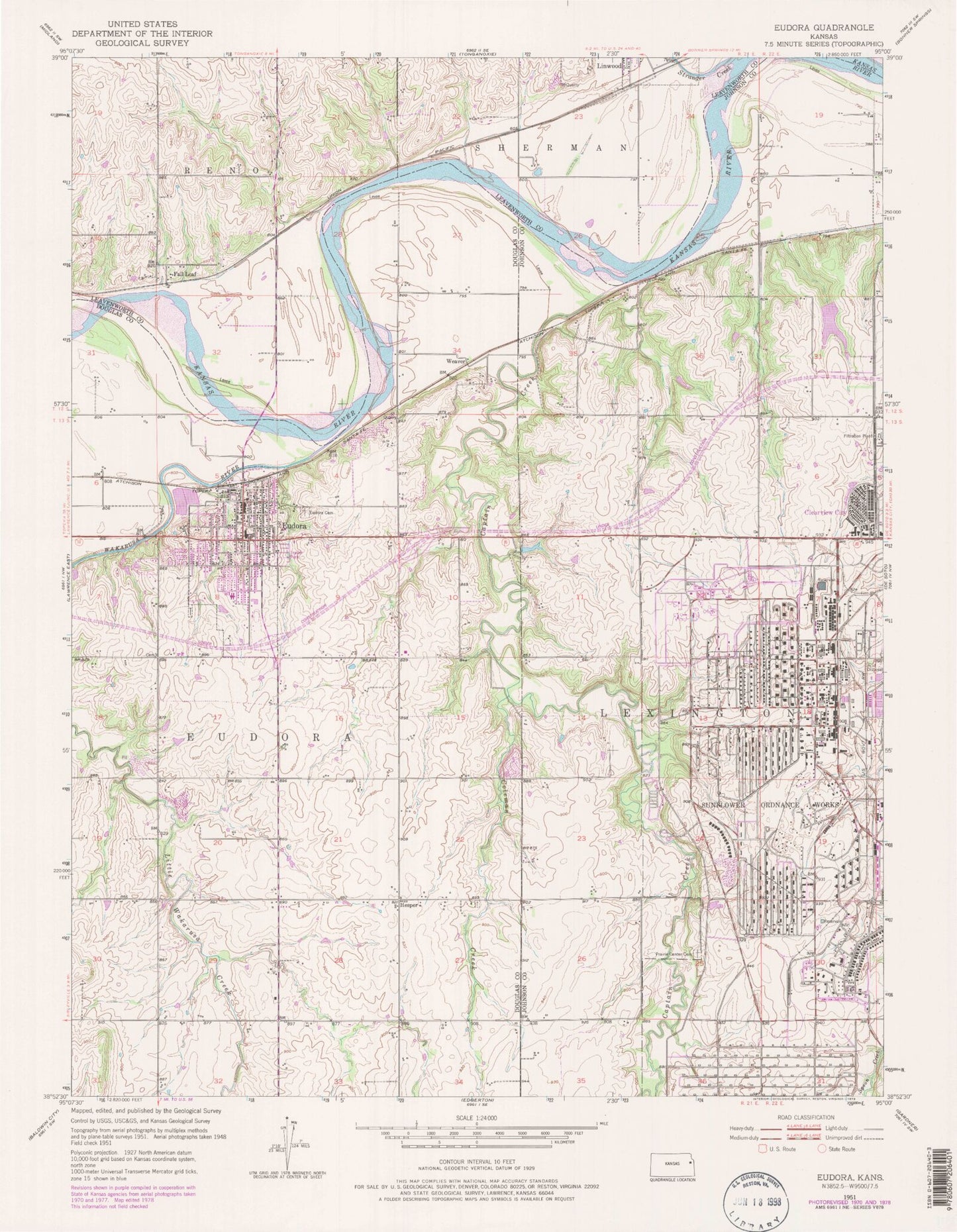 Classic USGS Eudora Kansas 7.5'x7.5' Topo Map Image