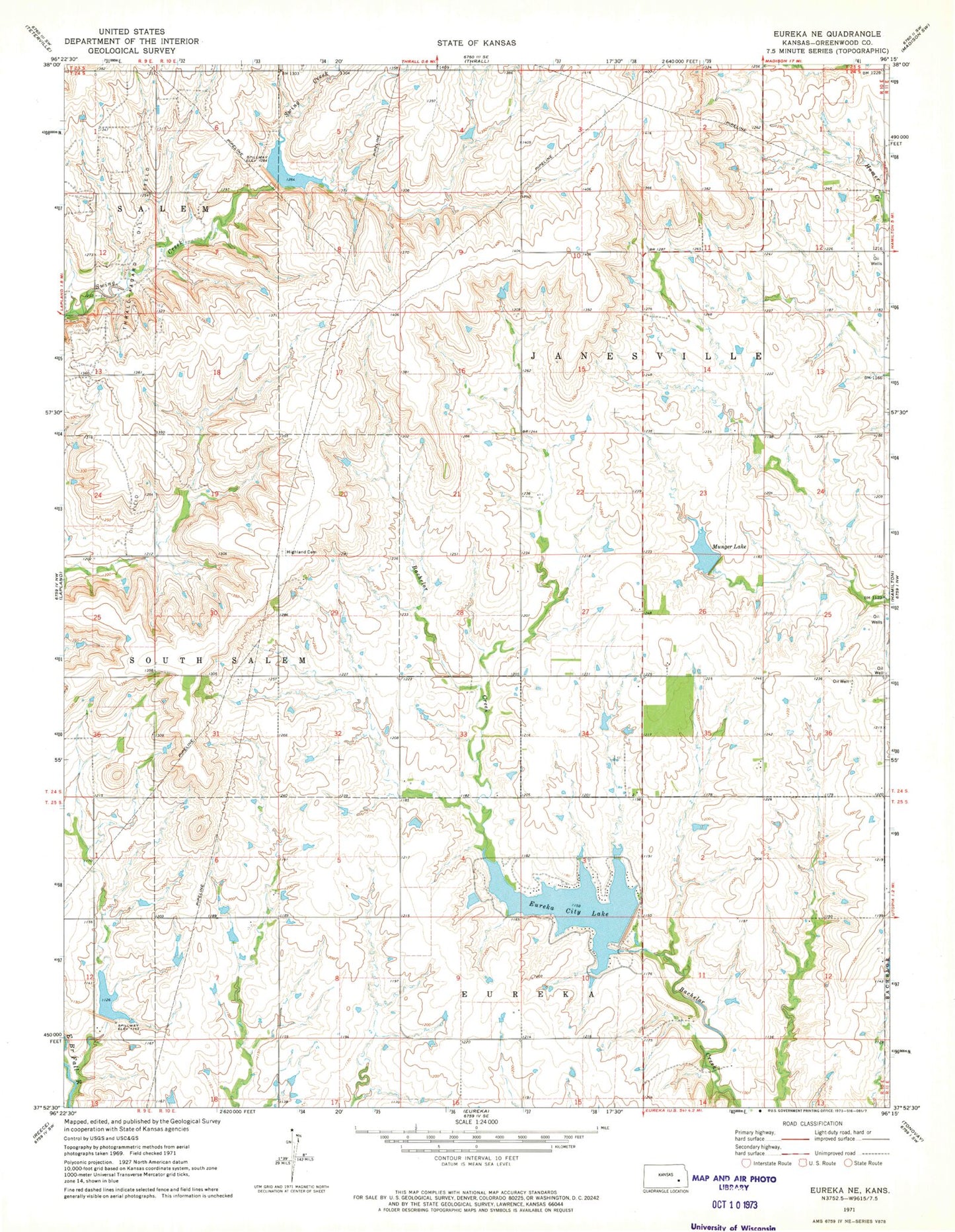 Classic USGS Eureka NE Kansas 7.5'x7.5' Topo Map Image