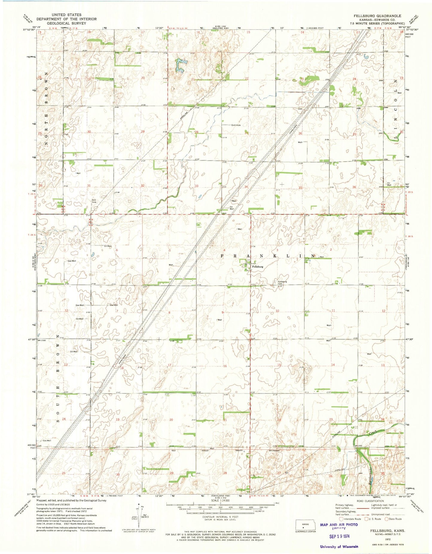 Classic USGS Fellsburg Kansas 7.5'x7.5' Topo Map Image