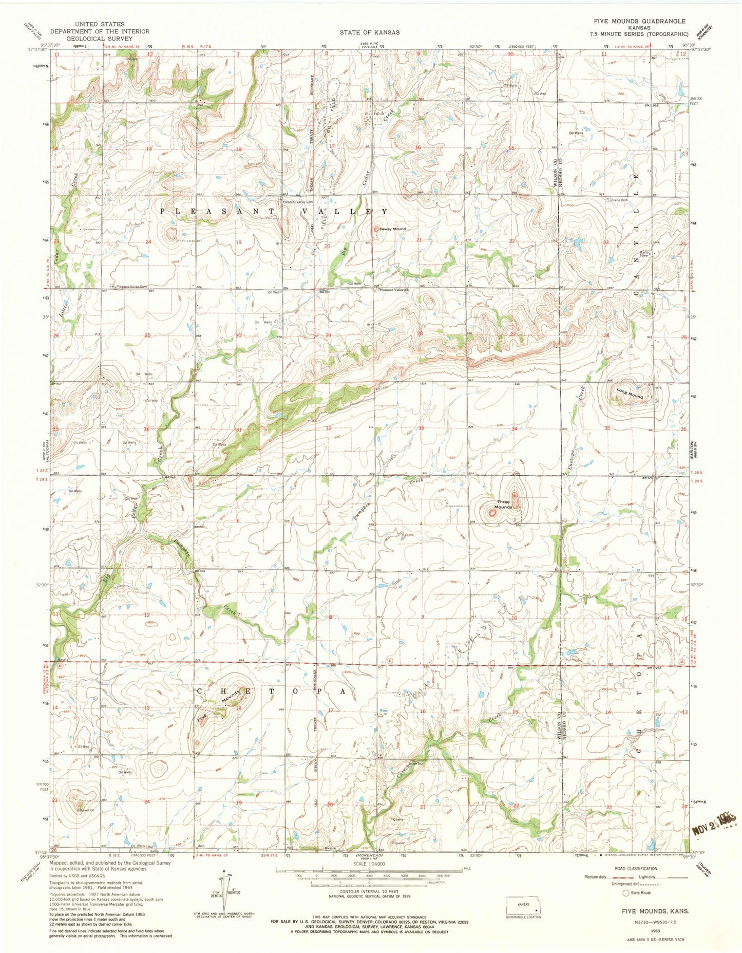 Classic USGS Five Mounds Kansas 7.5'x7.5' Topo Map Image