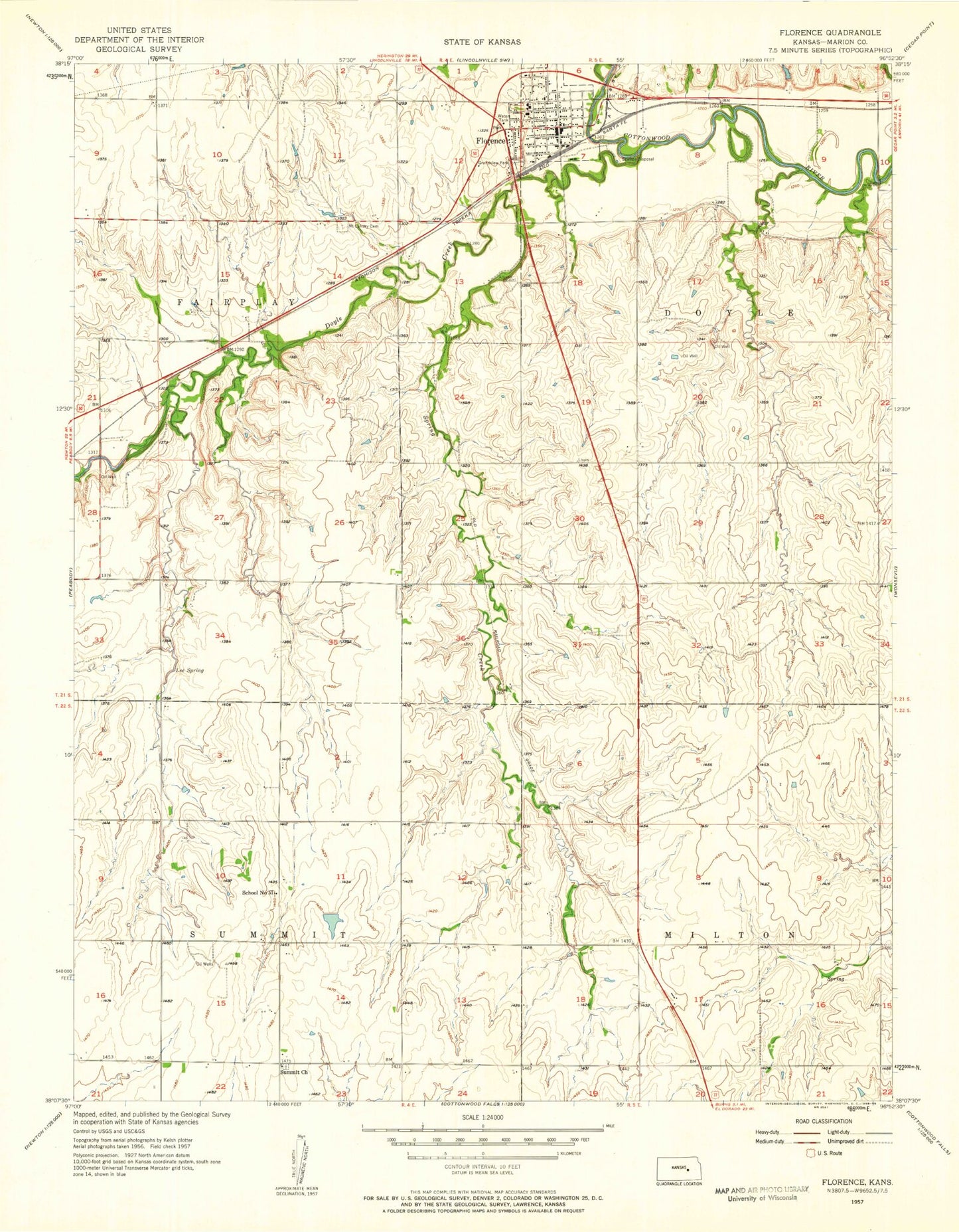 Classic USGS Florence Kansas 7.5'x7.5' Topo Map Image