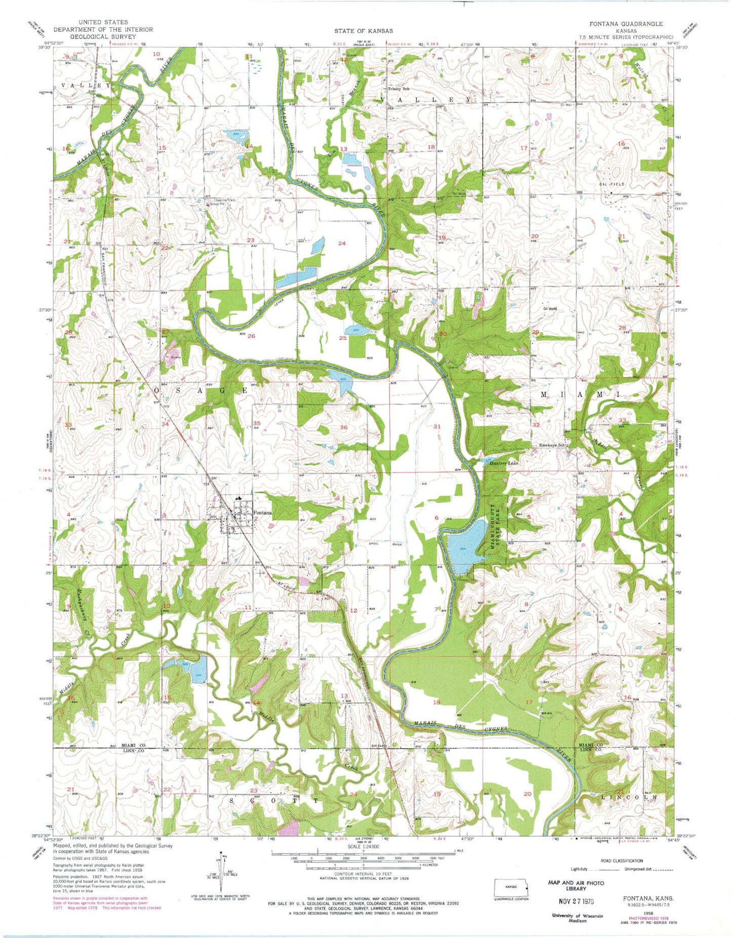 Classic USGS Fontana Kansas 7.5'x7.5' Topo Map Image