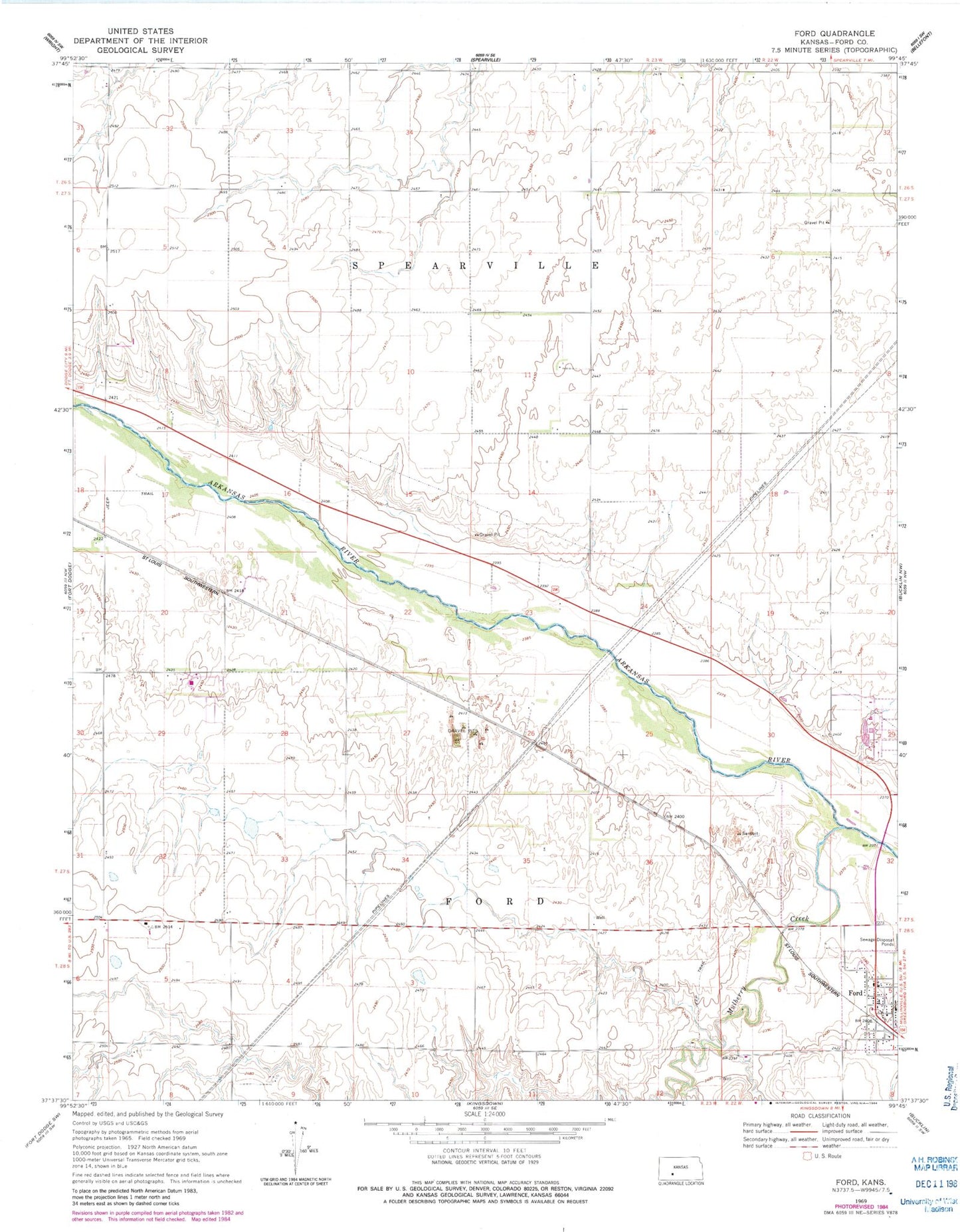 Classic USGS Ford Kansas 7.5'x7.5' Topo Map Image