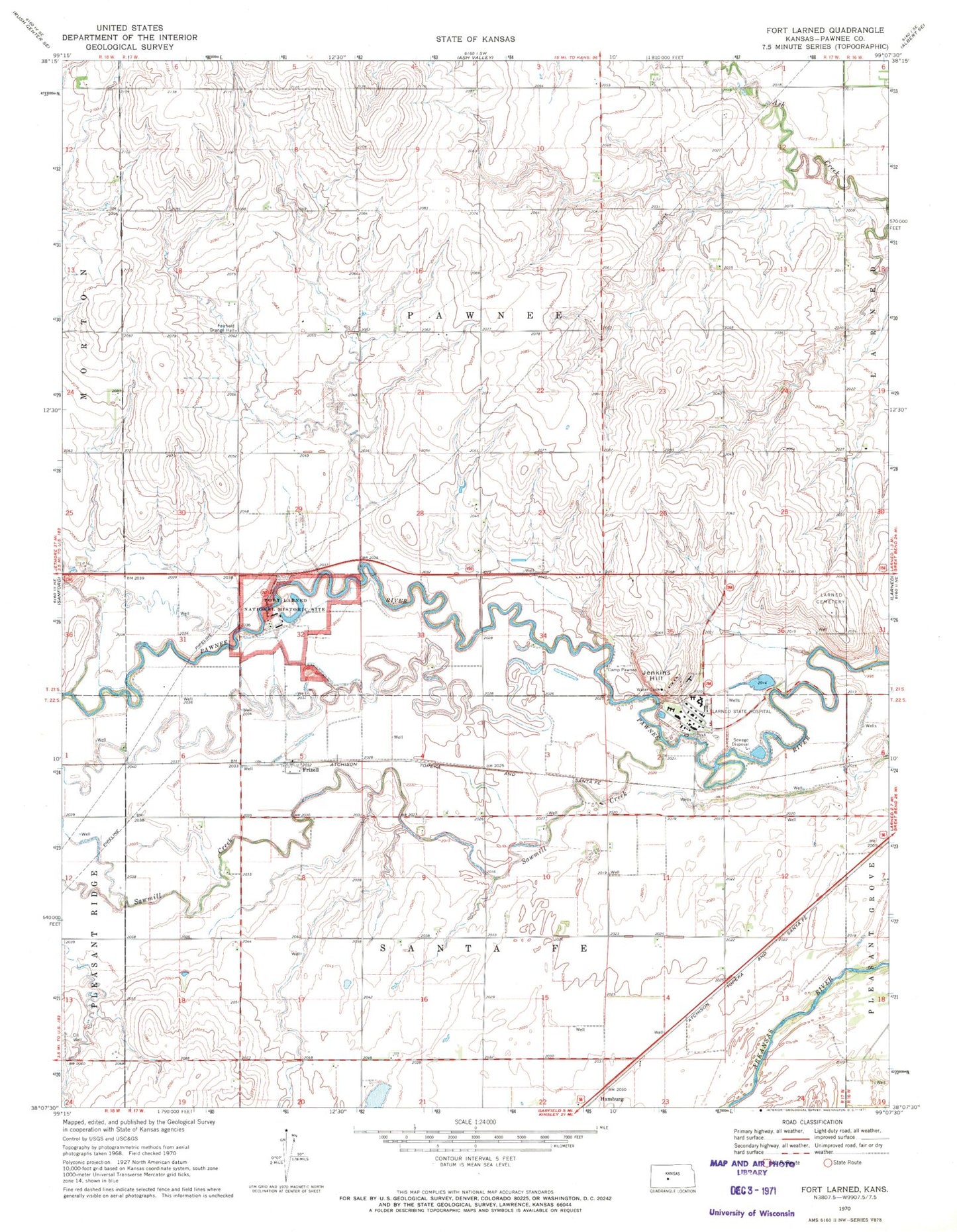 Classic USGS Fort Larned Kansas 7.5'x7.5' Topo Map Image
