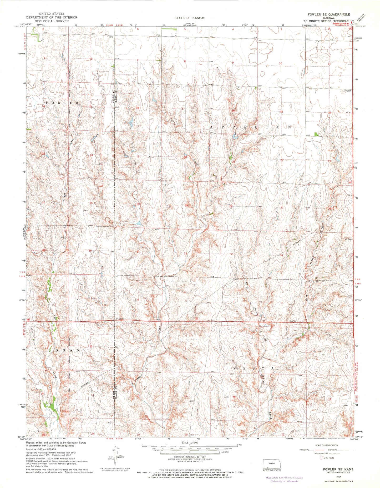 Classic USGS Fowler SE Kansas 7.5'x7.5' Topo Map Image