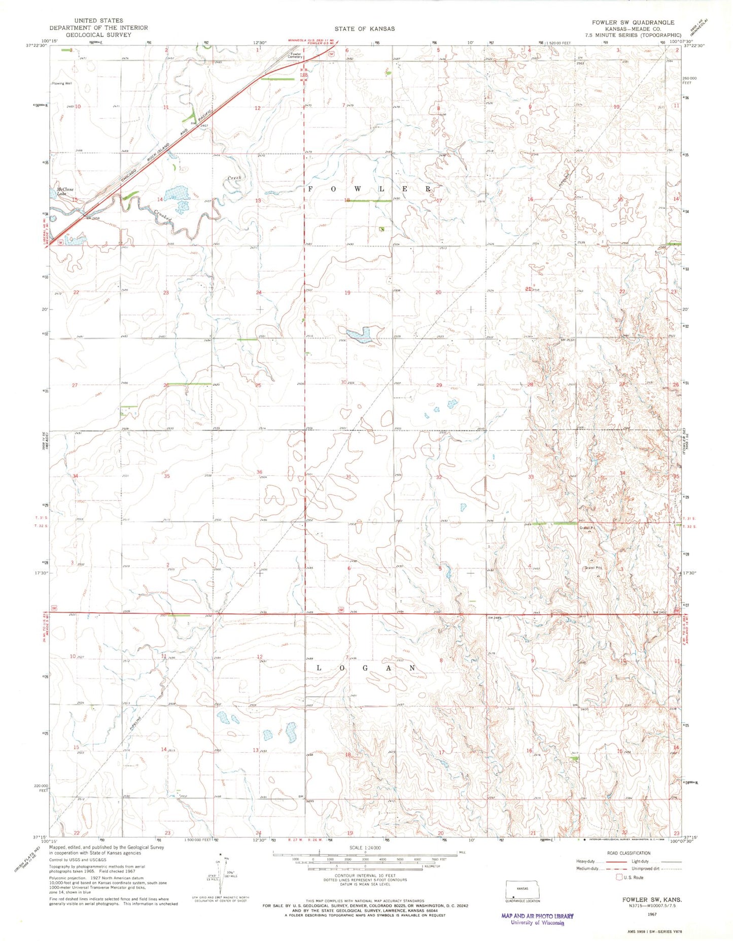 Classic USGS Fowler SW Kansas 7.5'x7.5' Topo Map Image