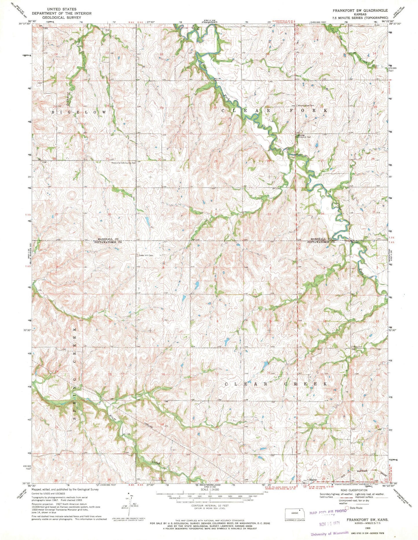 Classic USGS Frankfort SW Kansas 7.5'x7.5' Topo Map Image
