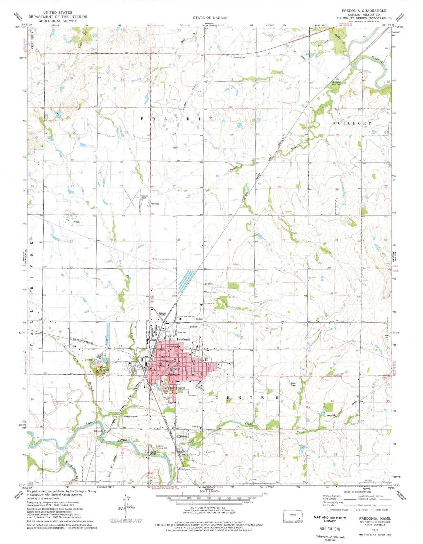 Classic USGS Fredonia Kansas 7.5'x7.5' Topo Map Image