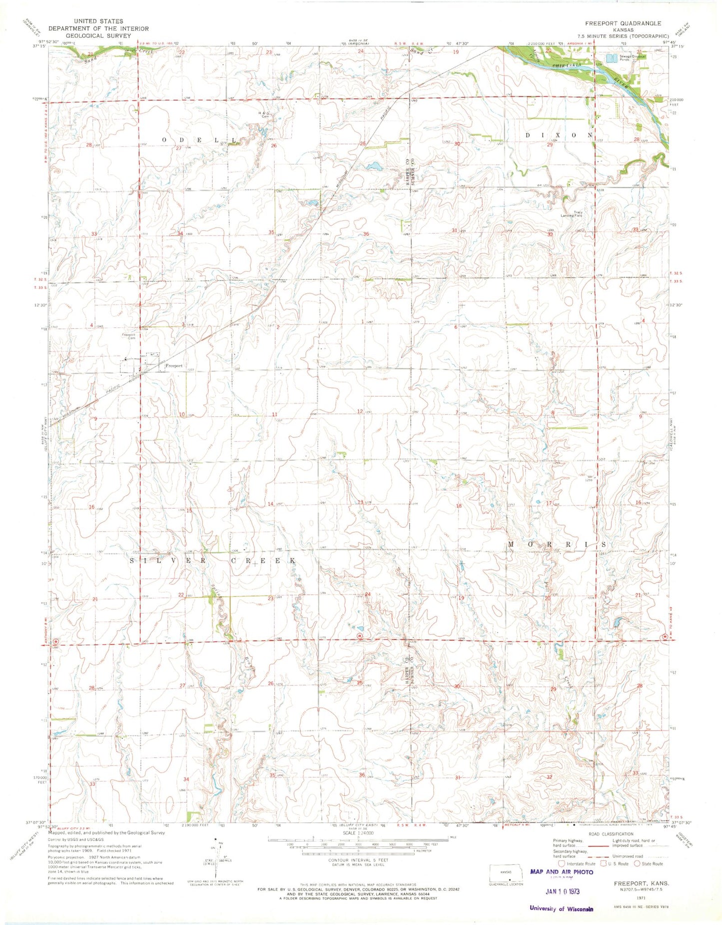 Classic USGS Freeport Kansas 7.5'x7.5' Topo Map Image