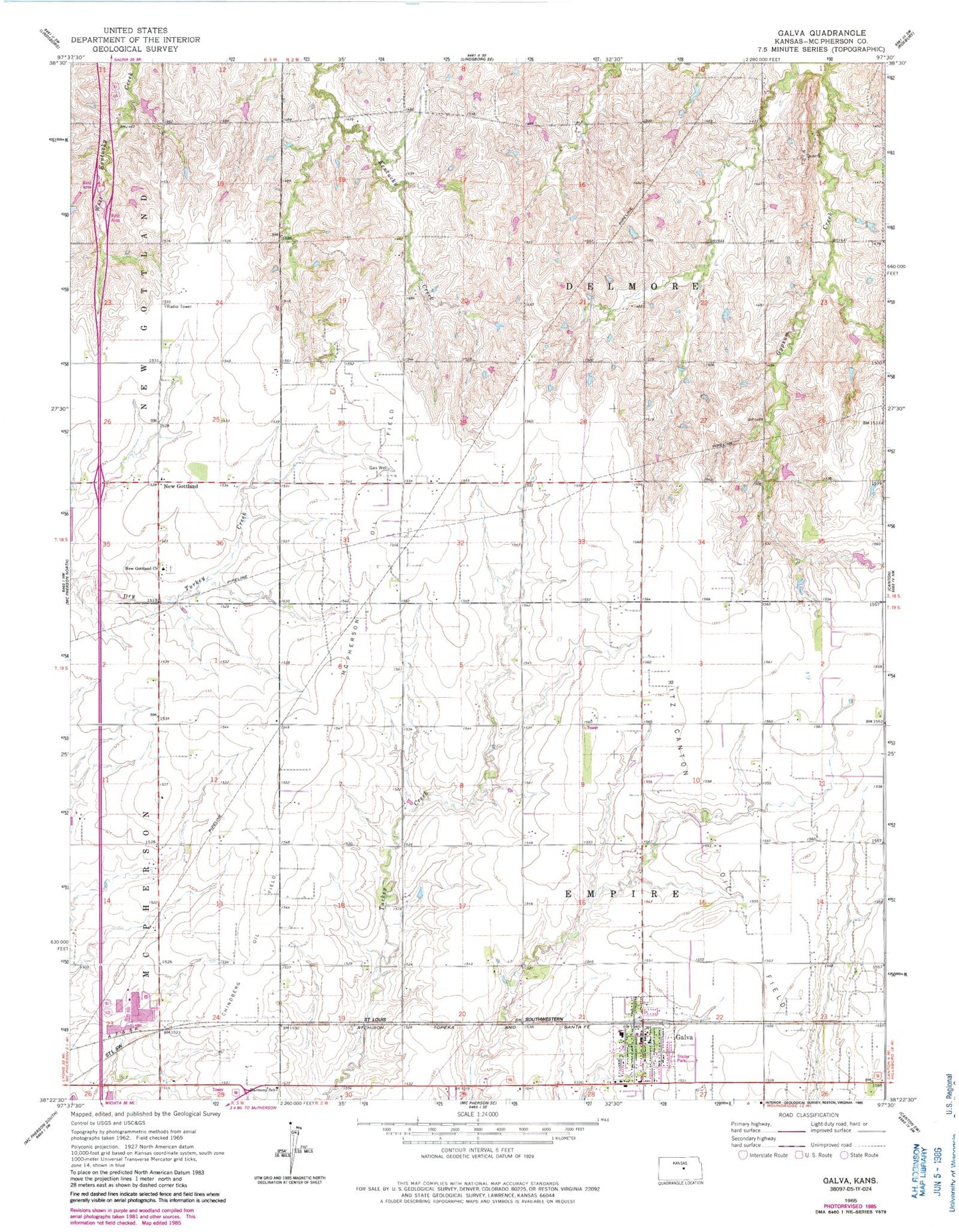 Classic USGS Galva Kansas 7.5'x7.5' Topo Map Image