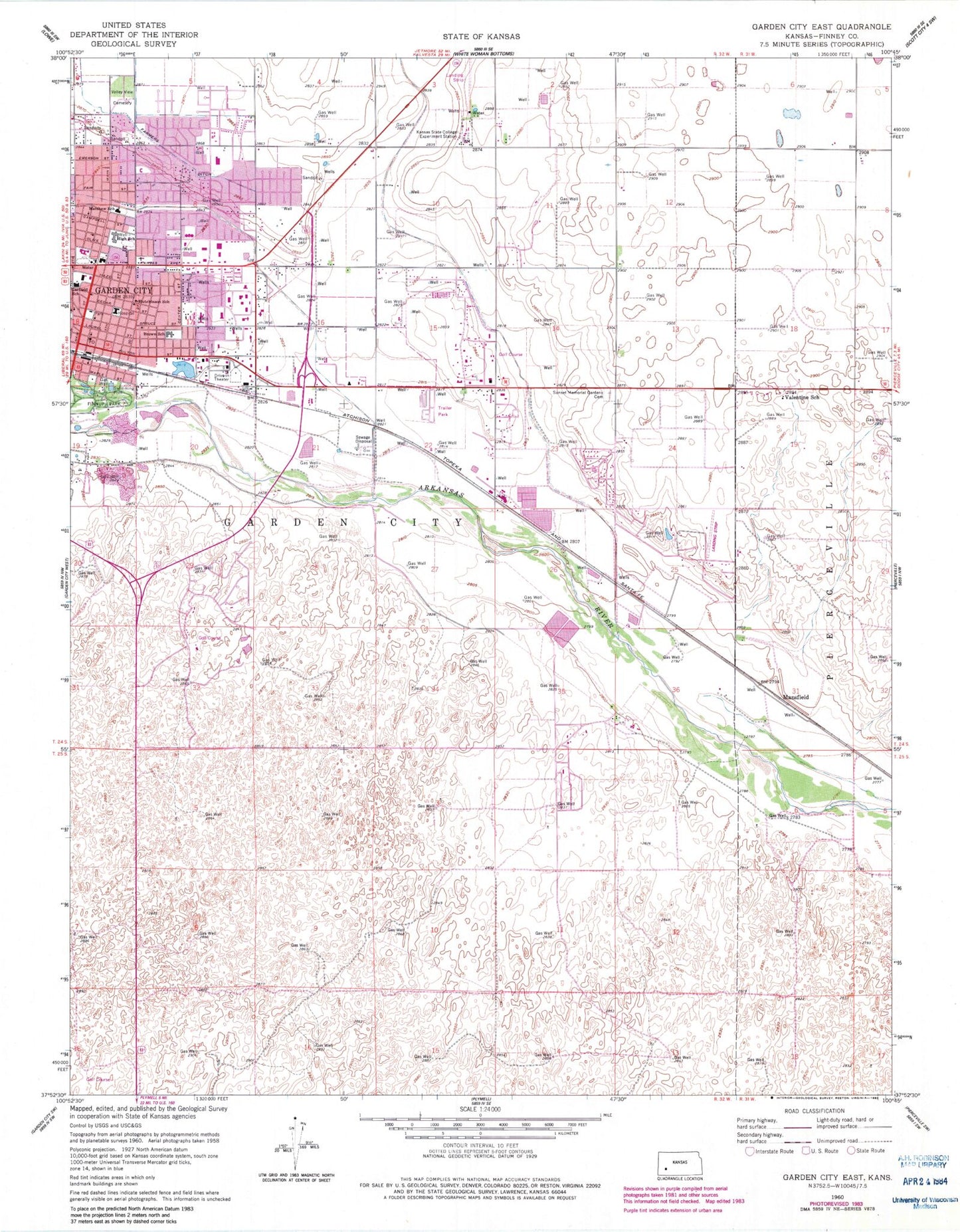 Classic USGS Garden City East Kansas 7.5'x7.5' Topo Map Image