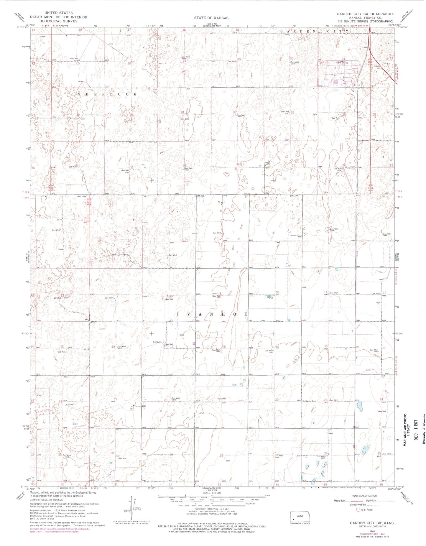 Classic USGS Garden City SW Kansas 7.5'x7.5' Topo Map Image