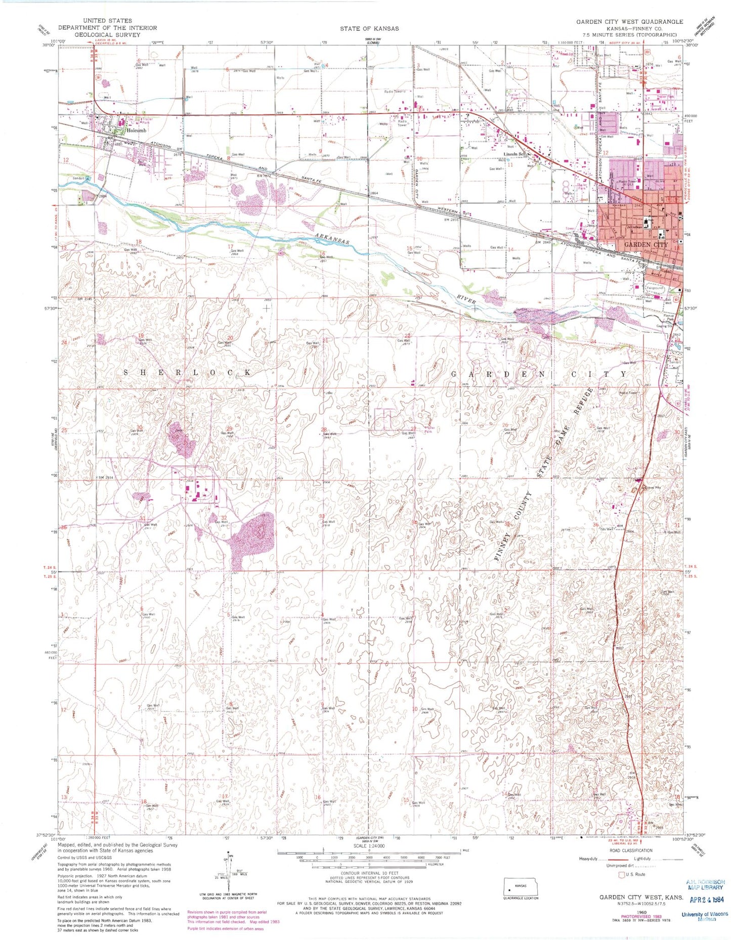 Classic USGS Garden City West Kansas 7.5'x7.5' Topo Map Image