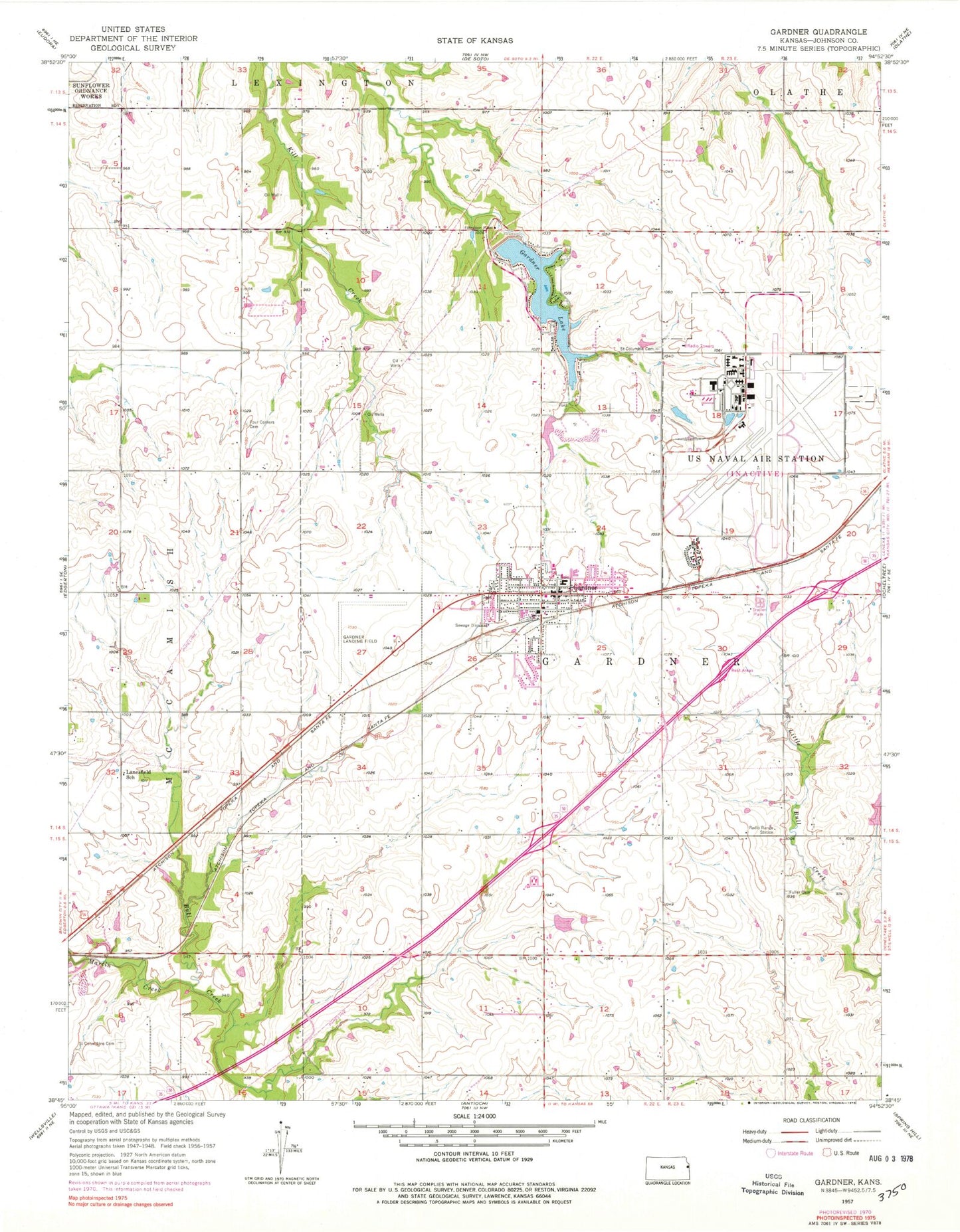 Classic USGS Gardner Kansas 7.5'x7.5' Topo Map Image