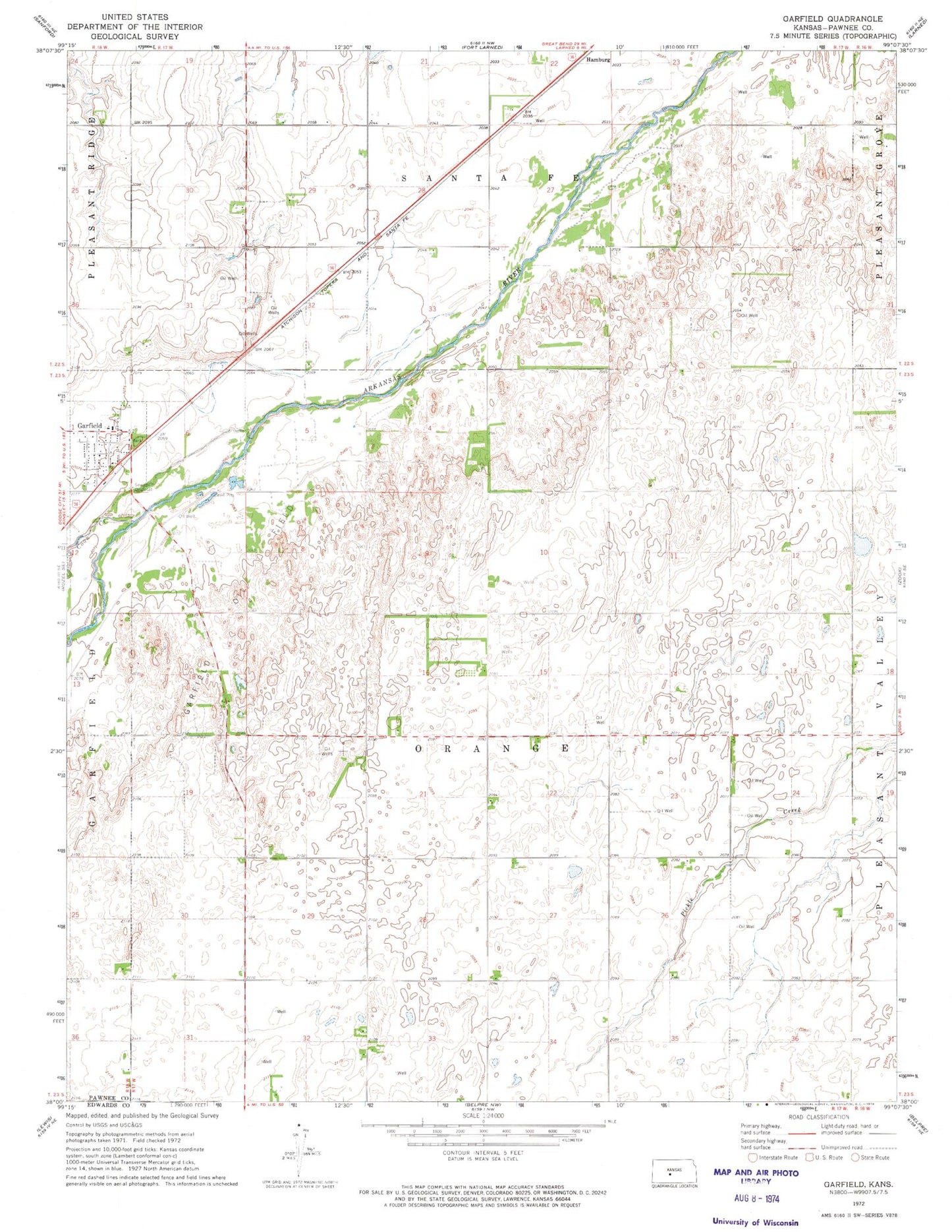 Classic USGS Garfield Kansas 7.5'x7.5' Topo Map Image
