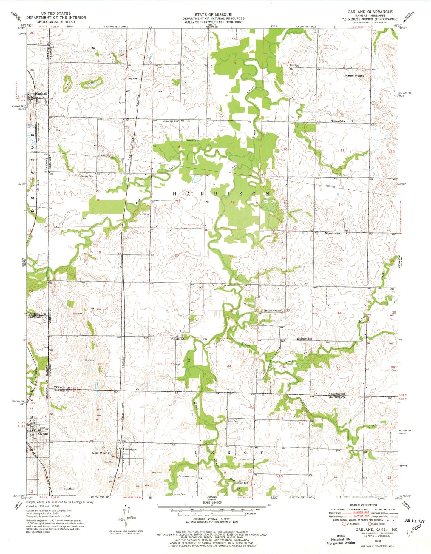 Classic USGS Garland Kansas 7.5'x7.5' Topo Map Image