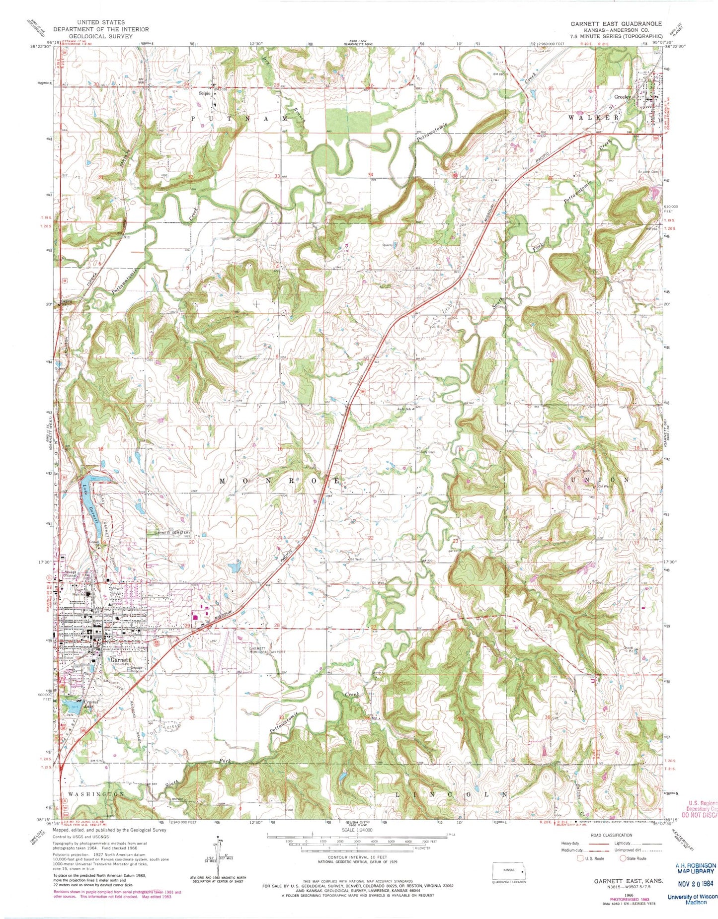 Classic USGS Garnett East Kansas 7.5'x7.5' Topo Map Image