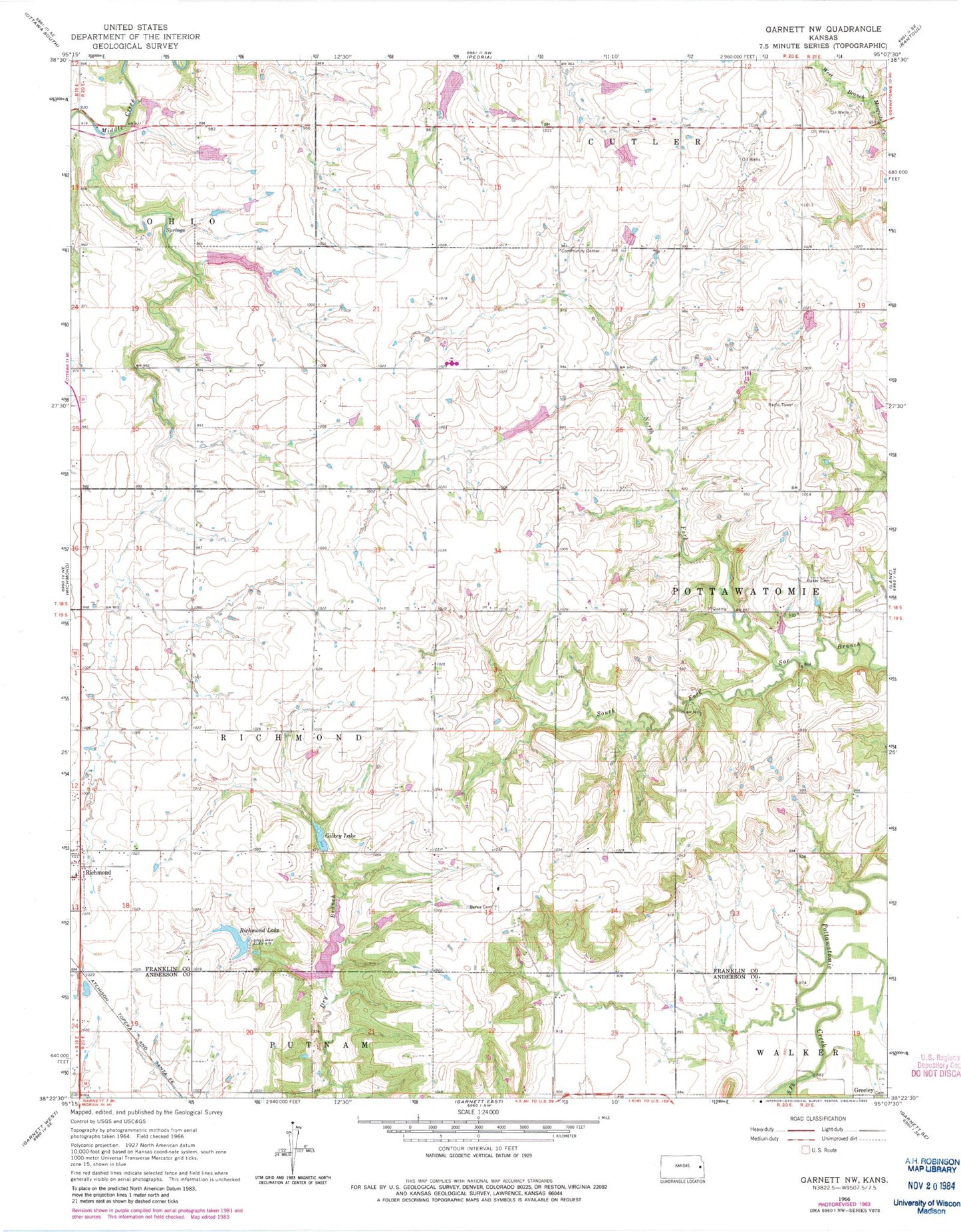 Classic USGS Garnett NW Kansas 7.5'x7.5' Topo Map Image