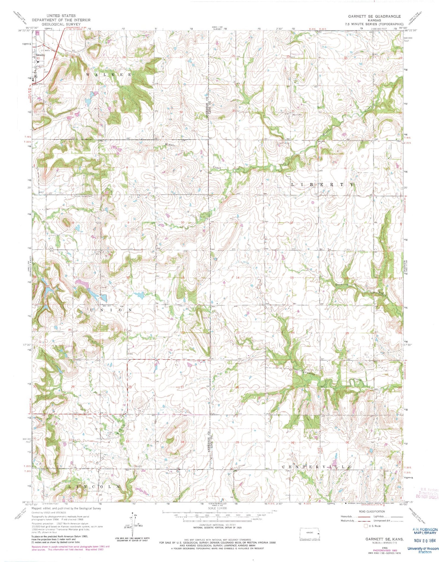 Classic USGS Garnett SE Kansas 7.5'x7.5' Topo Map Image