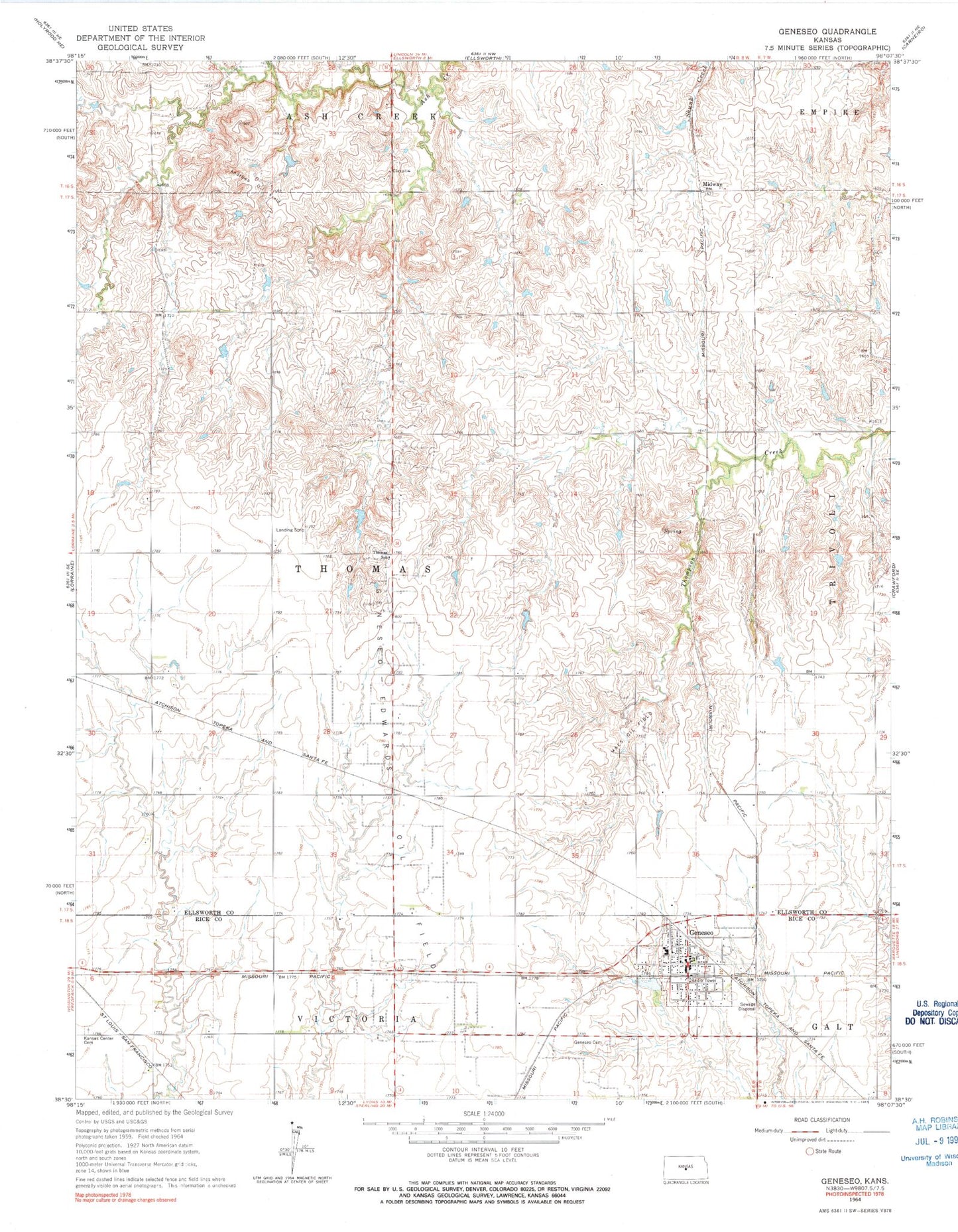 Classic USGS Geneseo Kansas 7.5'x7.5' Topo Map Image