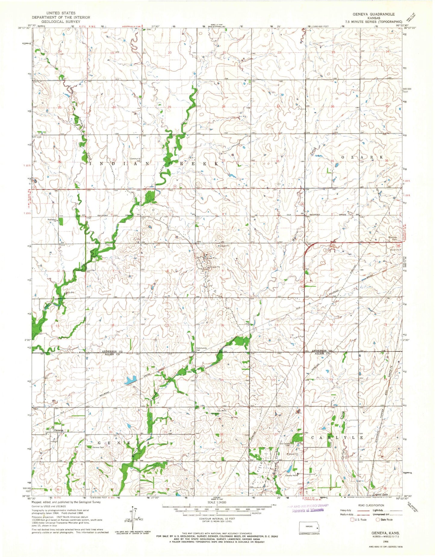 Classic USGS Geneva Kansas 7.5'x7.5' Topo Map Image