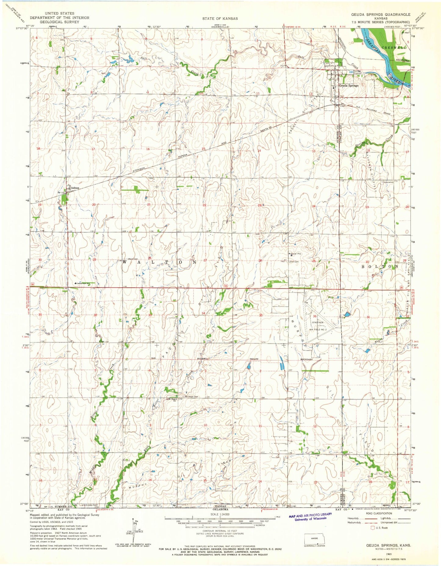 Classic USGS Geuda Springs Kansas 7.5'x7.5' Topo Map Image
