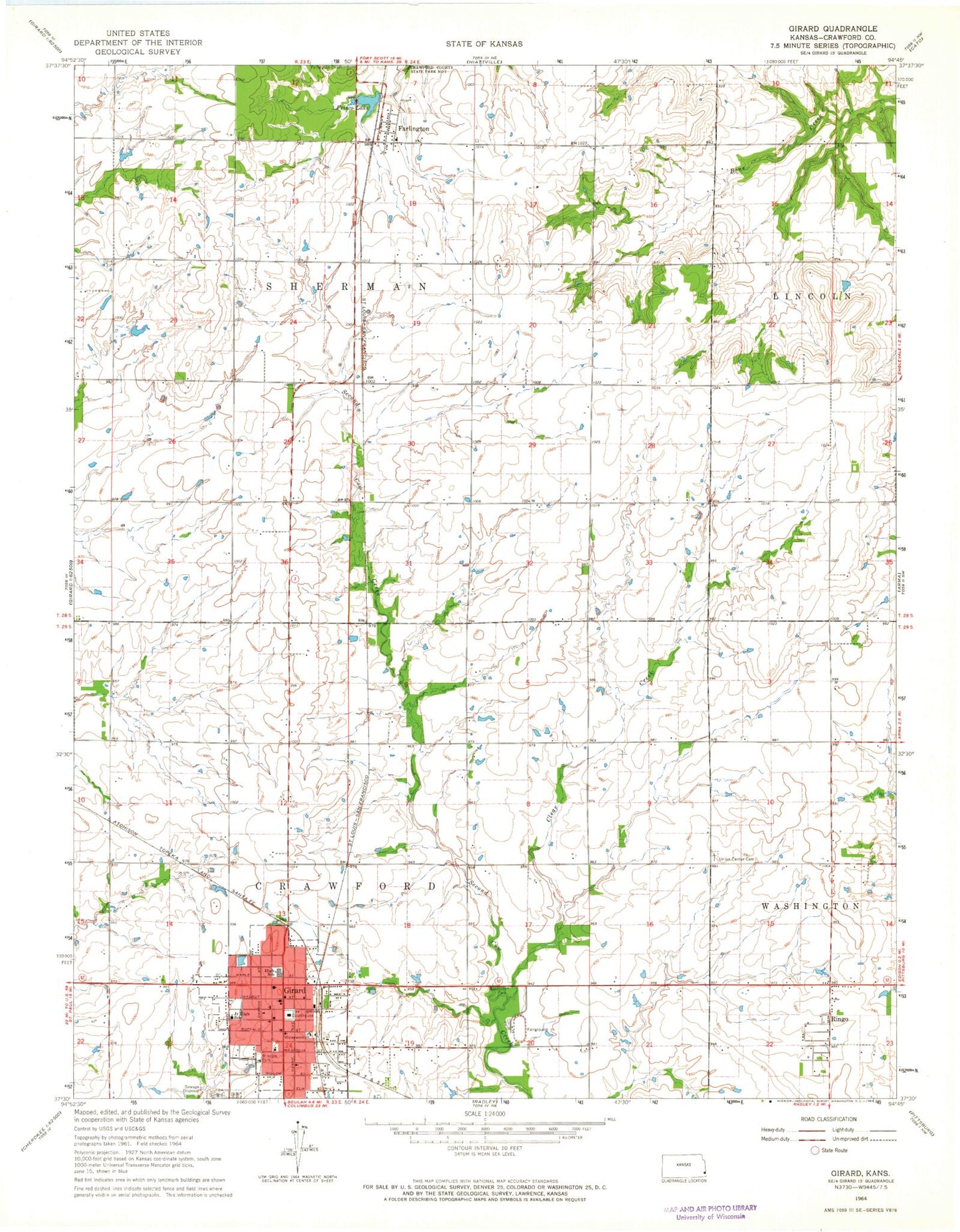 Classic USGS Girard Kansas 7.5'x7.5' Topo Map Image