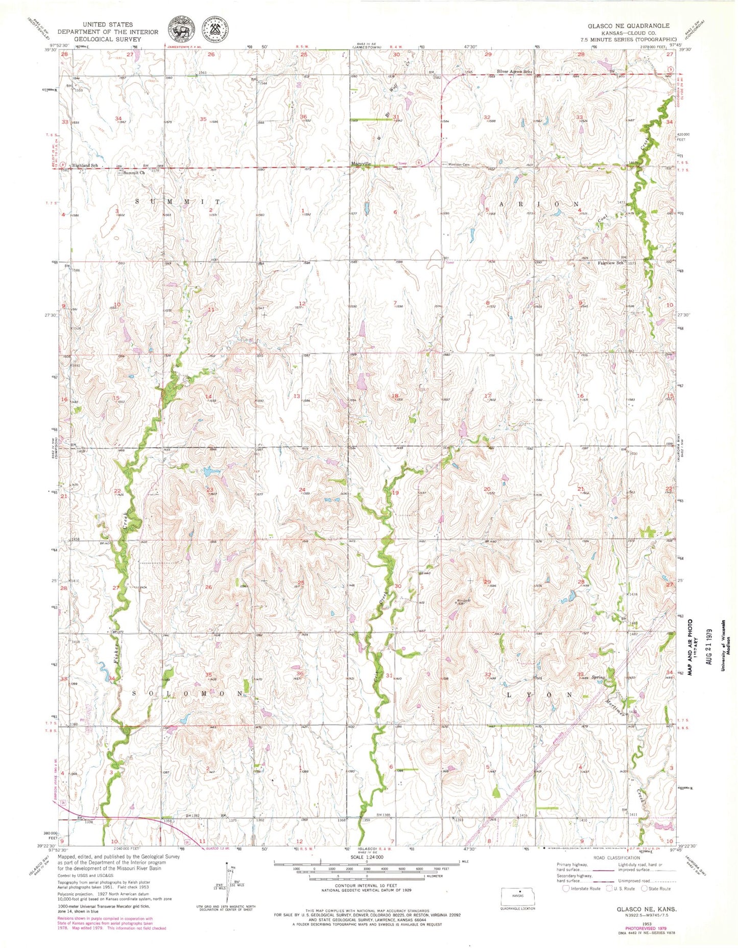 Classic USGS Glasco NE Kansas 7.5'x7.5' Topo Map Image