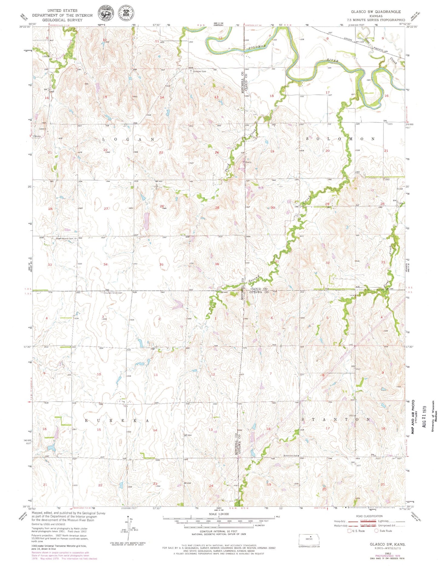 Classic USGS Glasco SW Kansas 7.5'x7.5' Topo Map Image