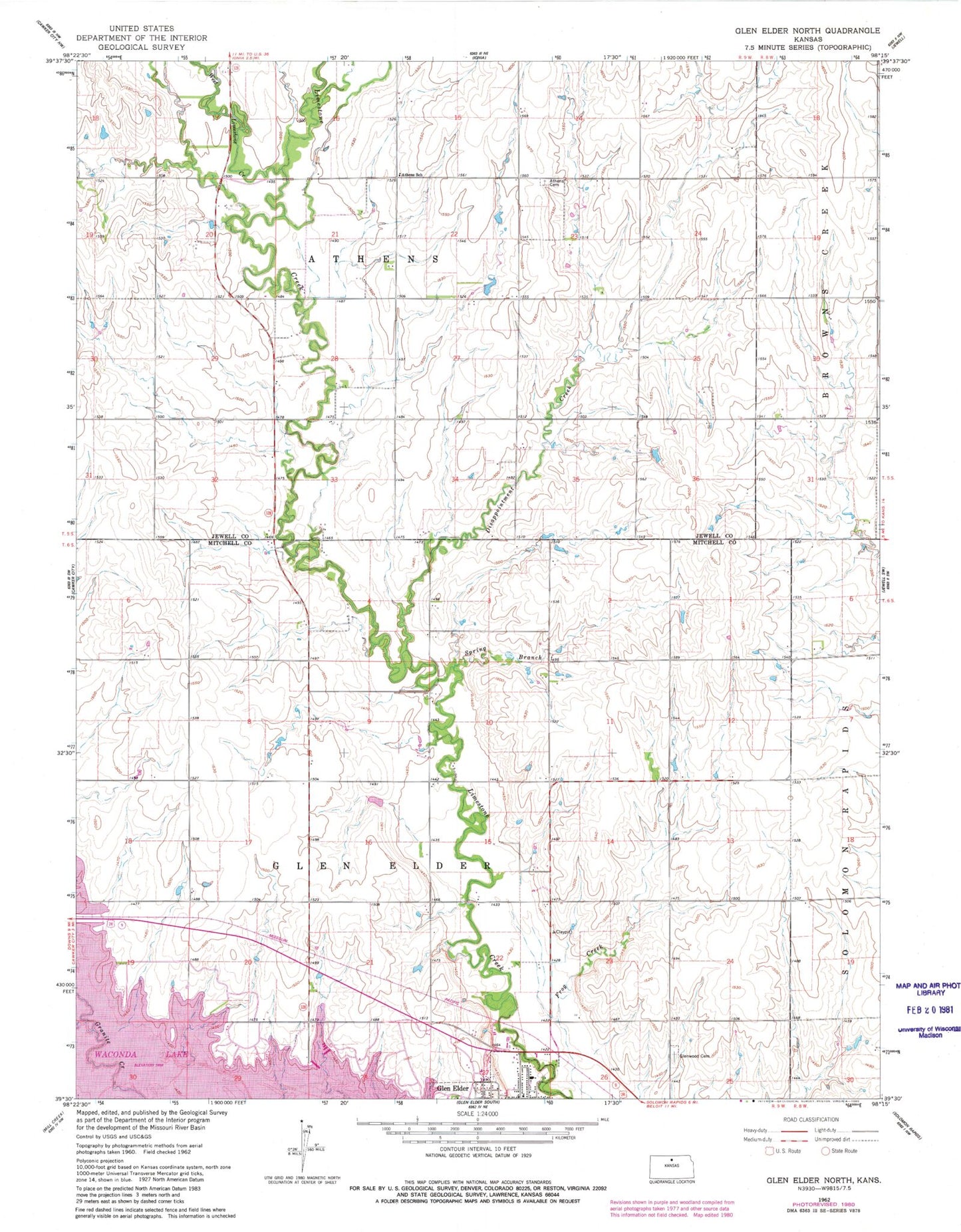 Classic USGS Glen Elder North Kansas 7.5'x7.5' Topo Map Image