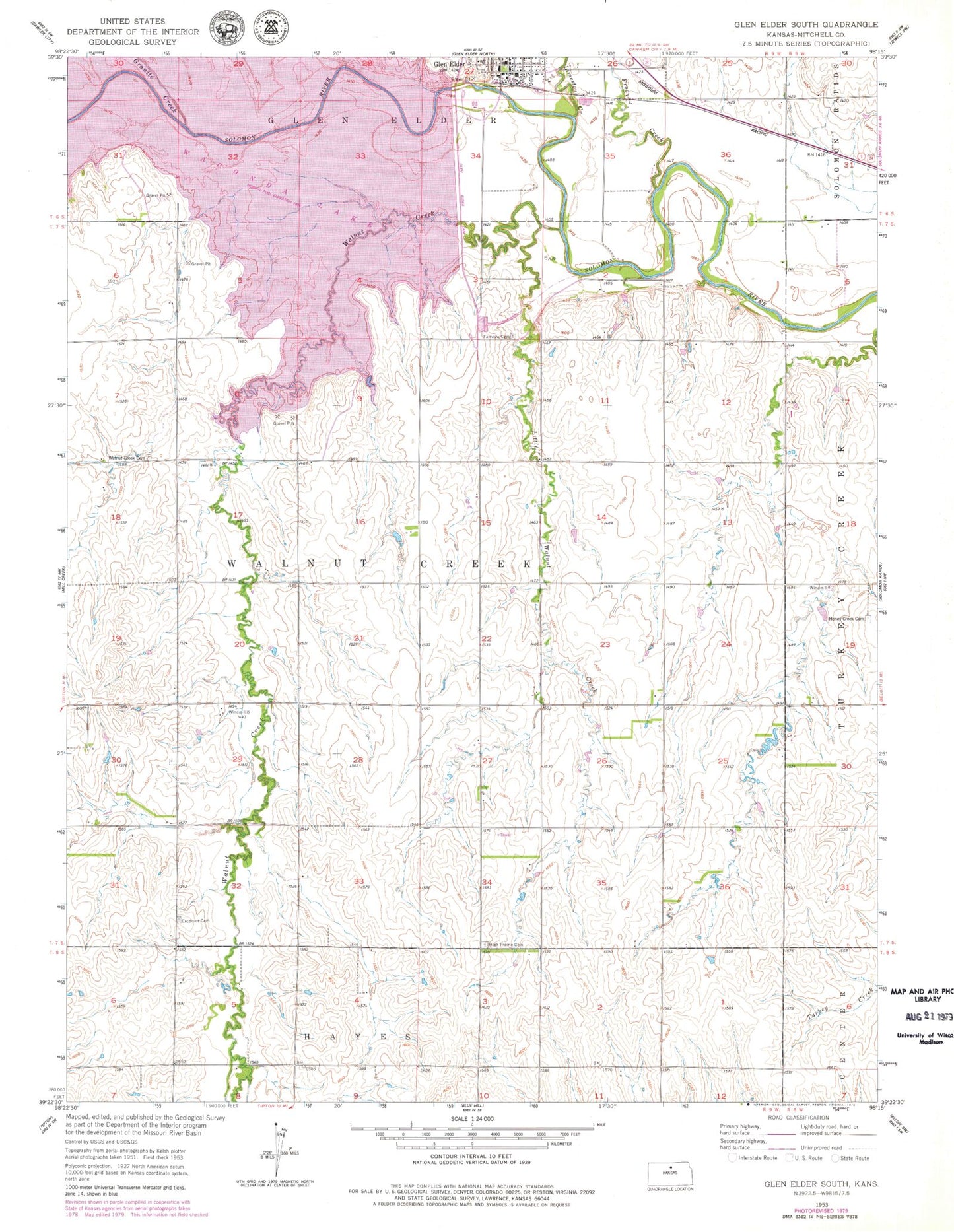 Classic USGS Glen Elder South Kansas 7.5'x7.5' Topo Map Image