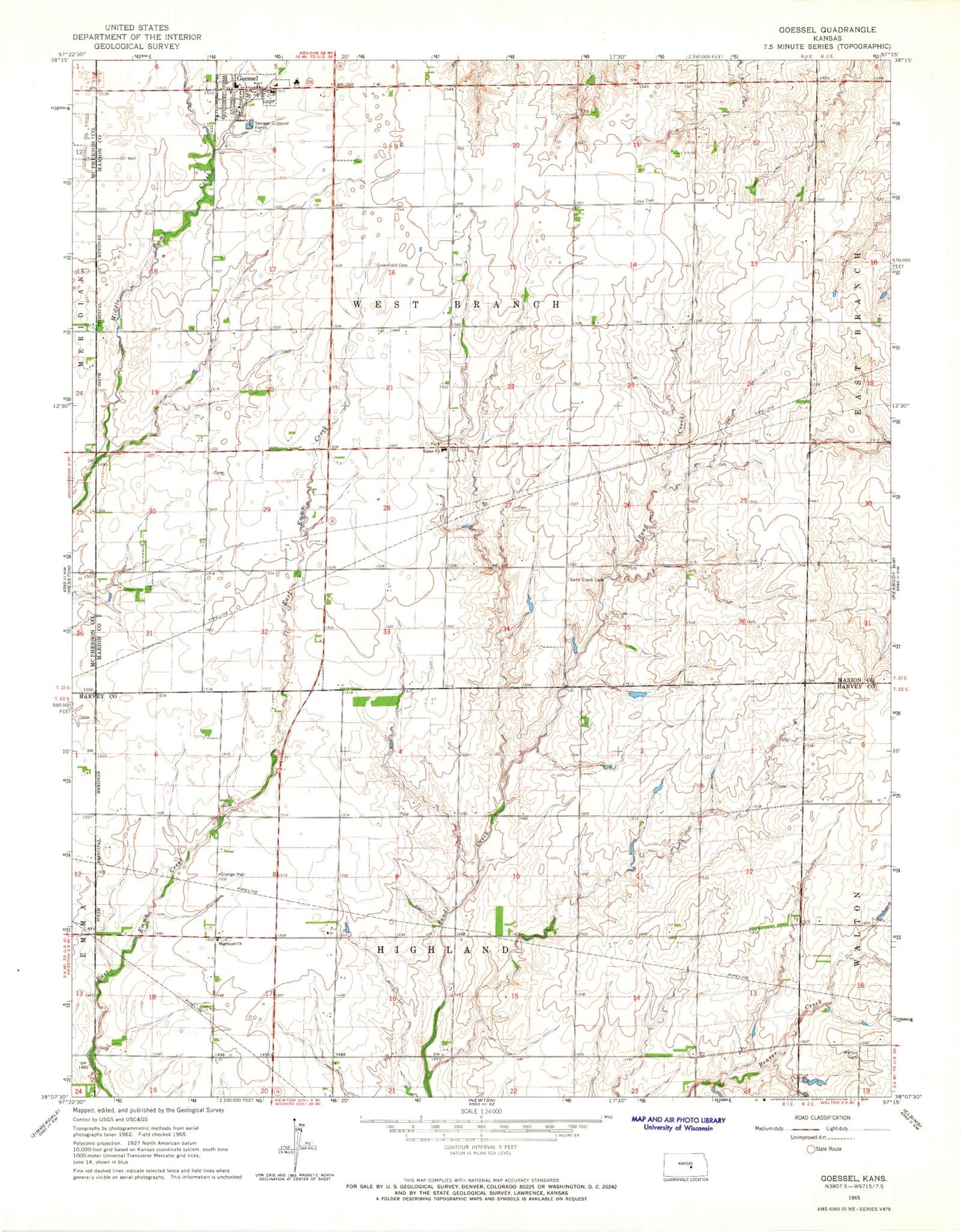 Classic USGS Goessel Kansas 7.5'x7.5' Topo Map Image